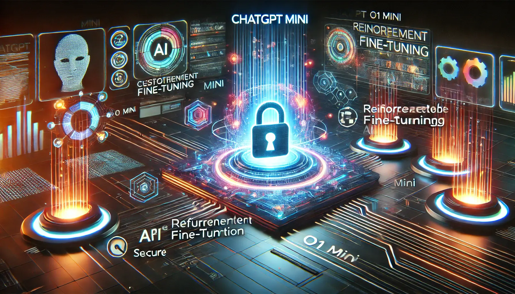 A high-tech digital workspace showcasing customization and security features for ChatGPT o1 mini.