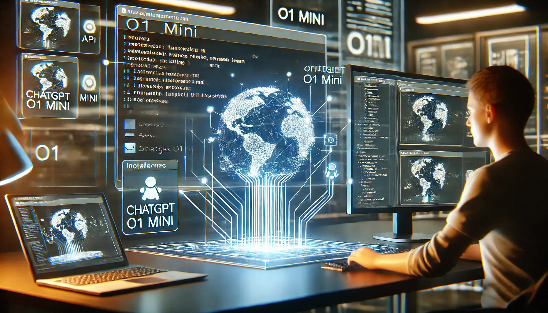 A high-tech digital workspace showcasing the installation and integration process of ChatGPT o1 mini into a project.