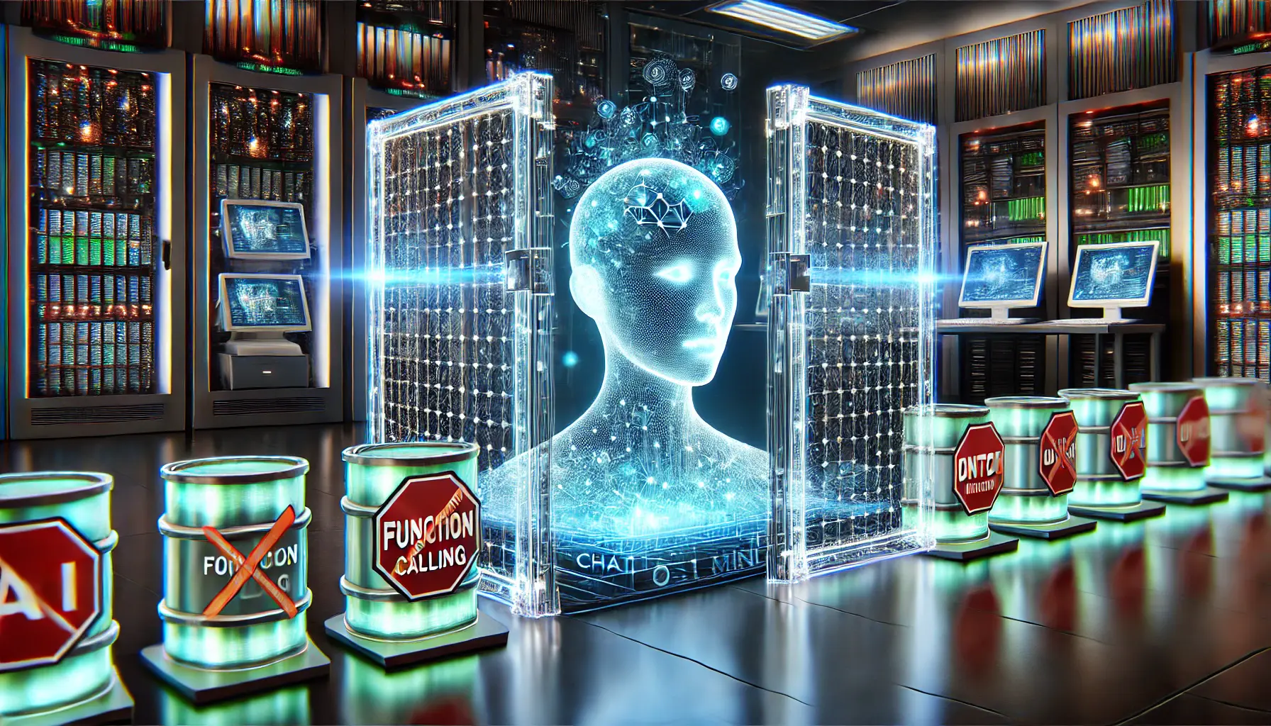 A glowing AI model surrounded by holographic barriers and data blocks, representing the limitations of current AI systems like ChatGPT o1 Mini.