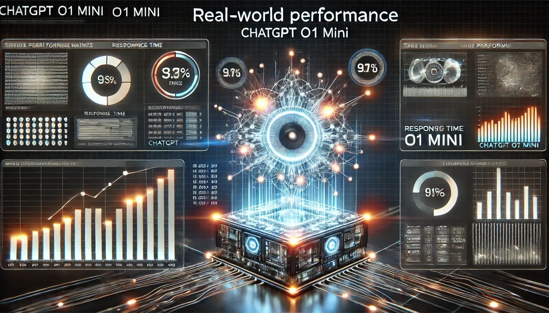 A high-tech dashboard showcasing real-world performance metrics for ChatGPT o1 mini.