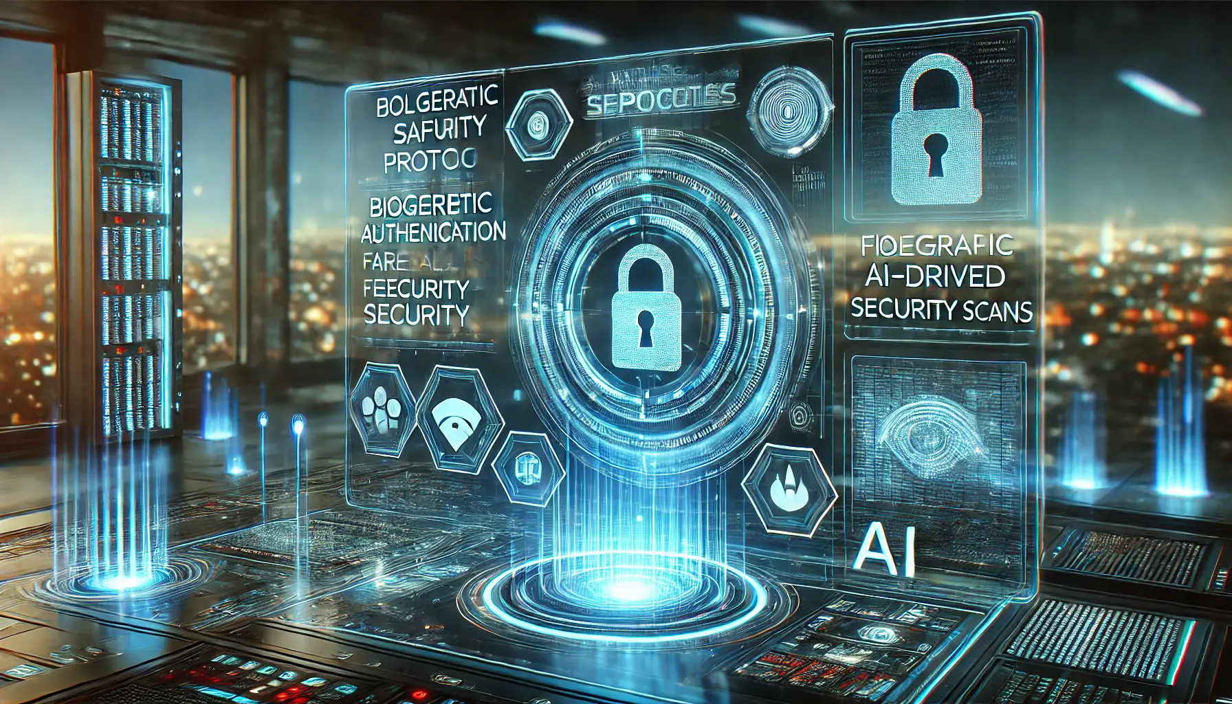 A high-tech security control panel with holographic safety protocols, biometric authentication, firewall protections, and AI-driven security scans.