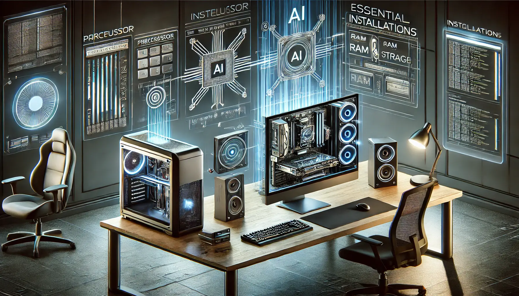 A high-tech workspace featuring a modern computer workstation, system components like processor, RAM, and storage, and tools for installing and configuring AI models.