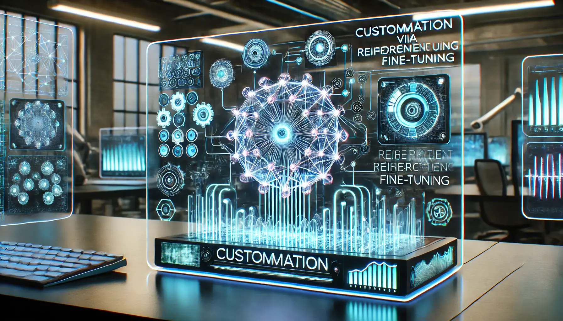 A high-tech digital workspace showcasing customization via reinforcement fine-tuning in AI models.