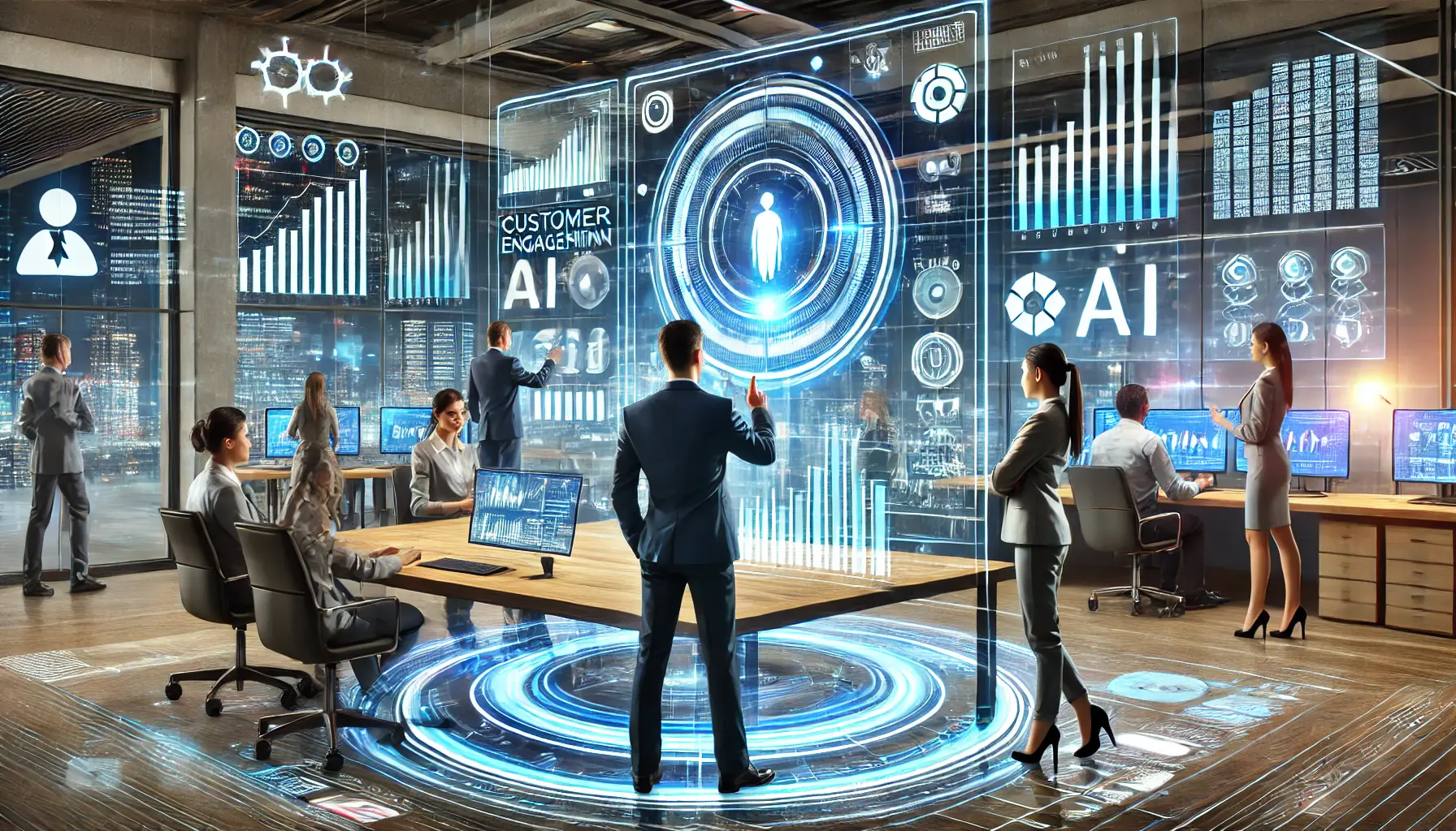 A futuristic business environment with professionals interacting with AI-powered holographic displays of data analytics, customer engagement, and automation.