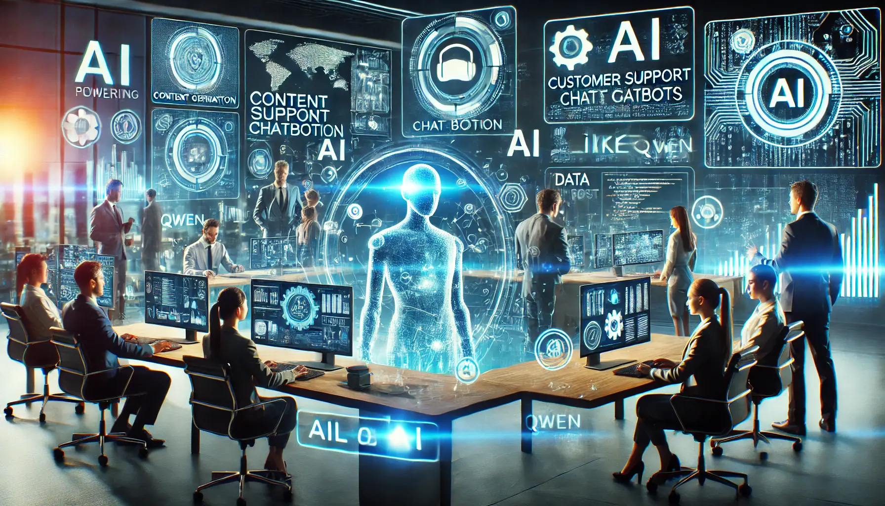 A futuristic business environment with AI-driven technology, featuring professionals using holographic screens displaying content generation, customer support chatbots, data analysis, and coding interfaces.