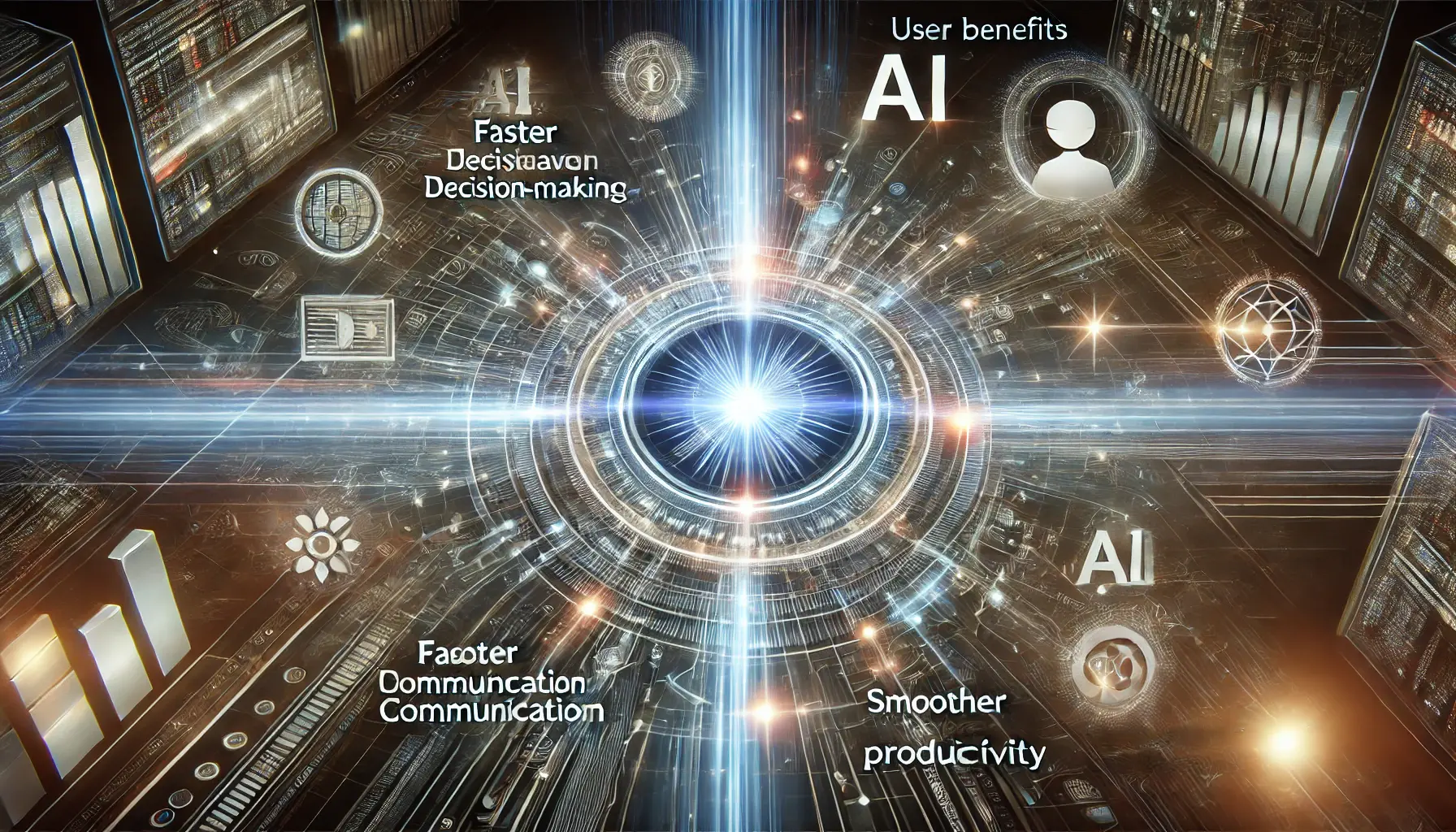 A futuristic AI system benefiting users through improved productivity, communication, and efficiency, visualized with a glowing AI core surrounded by digital representations of various user benefits.