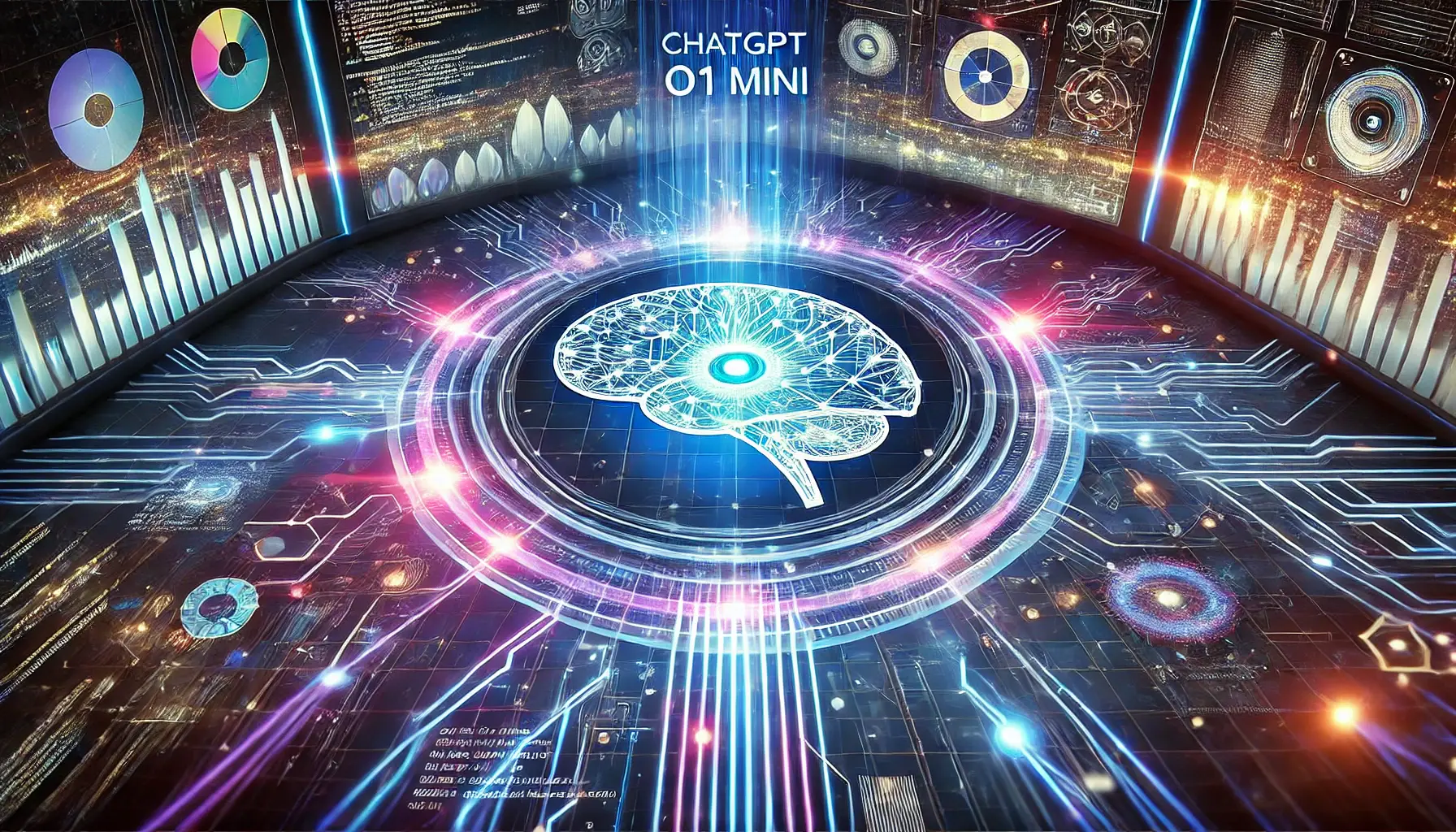 A futuristic representation of ChatGPT o1 Mini's impact on the future of AI, showing a neural network with glowing data flows connecting various fields like coding and mathematics.