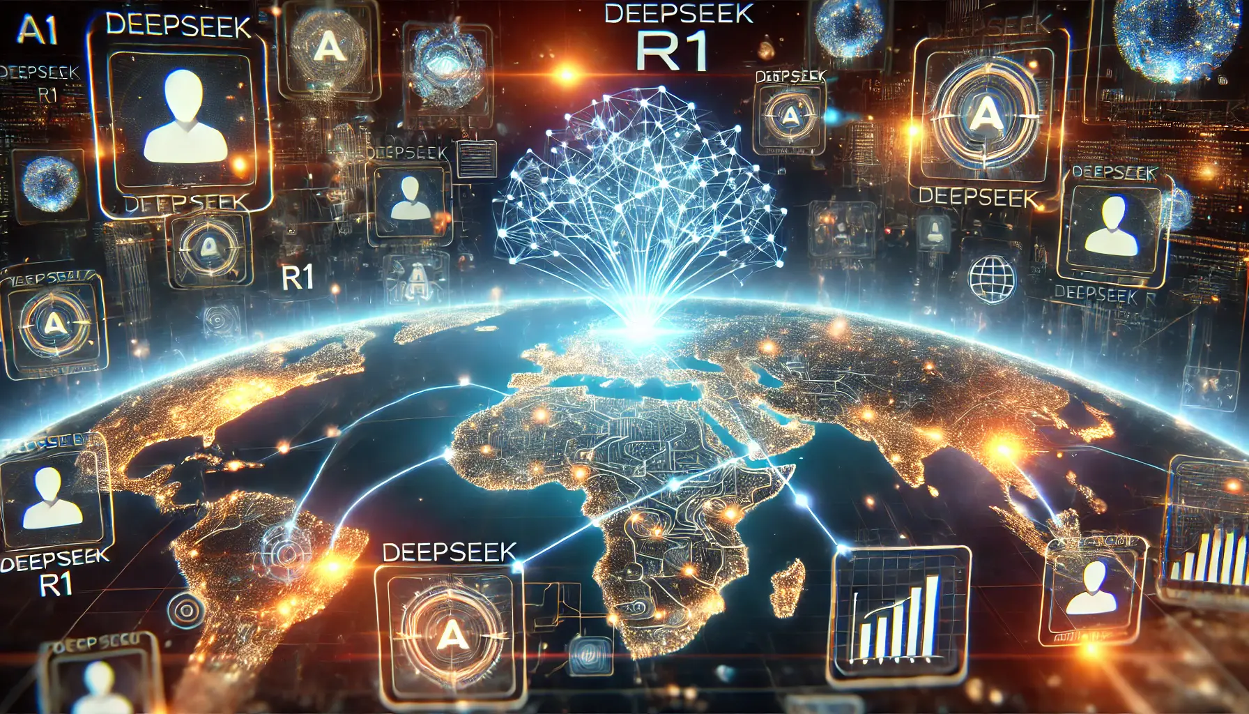 A futuristic AI landscape with interconnected global AI hubs and a central glowing neural network, symbolizing DeepSeek R1’s influence on the AI industry.