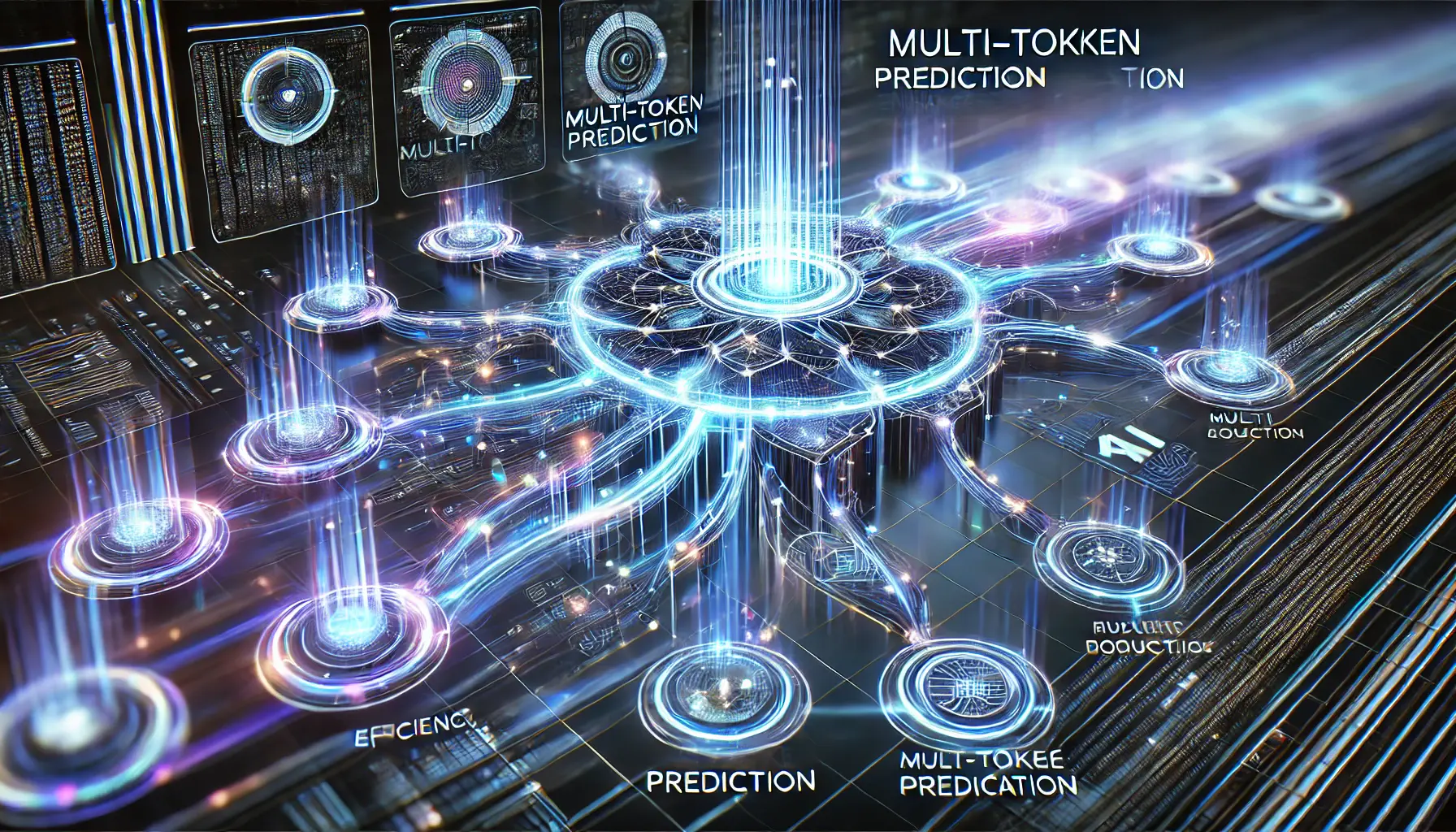 A futuristic AI visualization depicting an advanced neural network rapidly generating multiple responses at once, with glowing data streams branching dynamically into structured pathways, symbolizing speed and coherence.