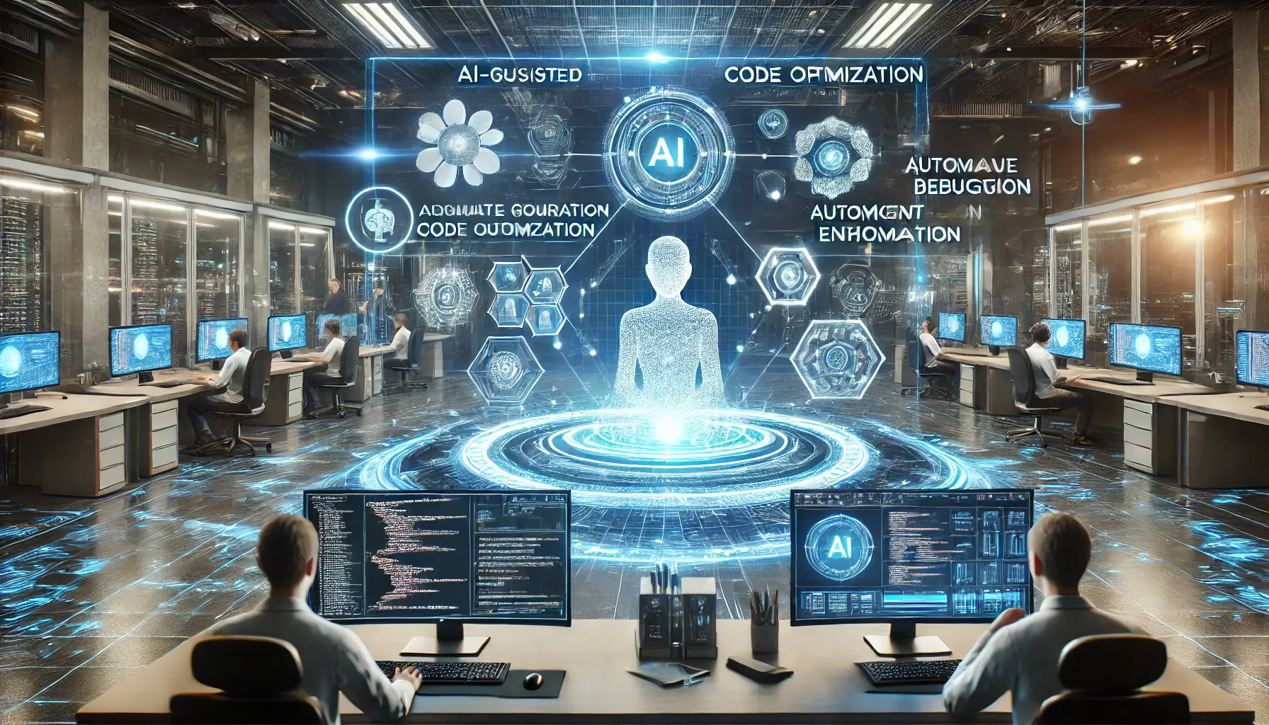 A futuristic AI-assisted software development environment with holographic displays showing code optimization, automated debugging, and workflow enhancements.