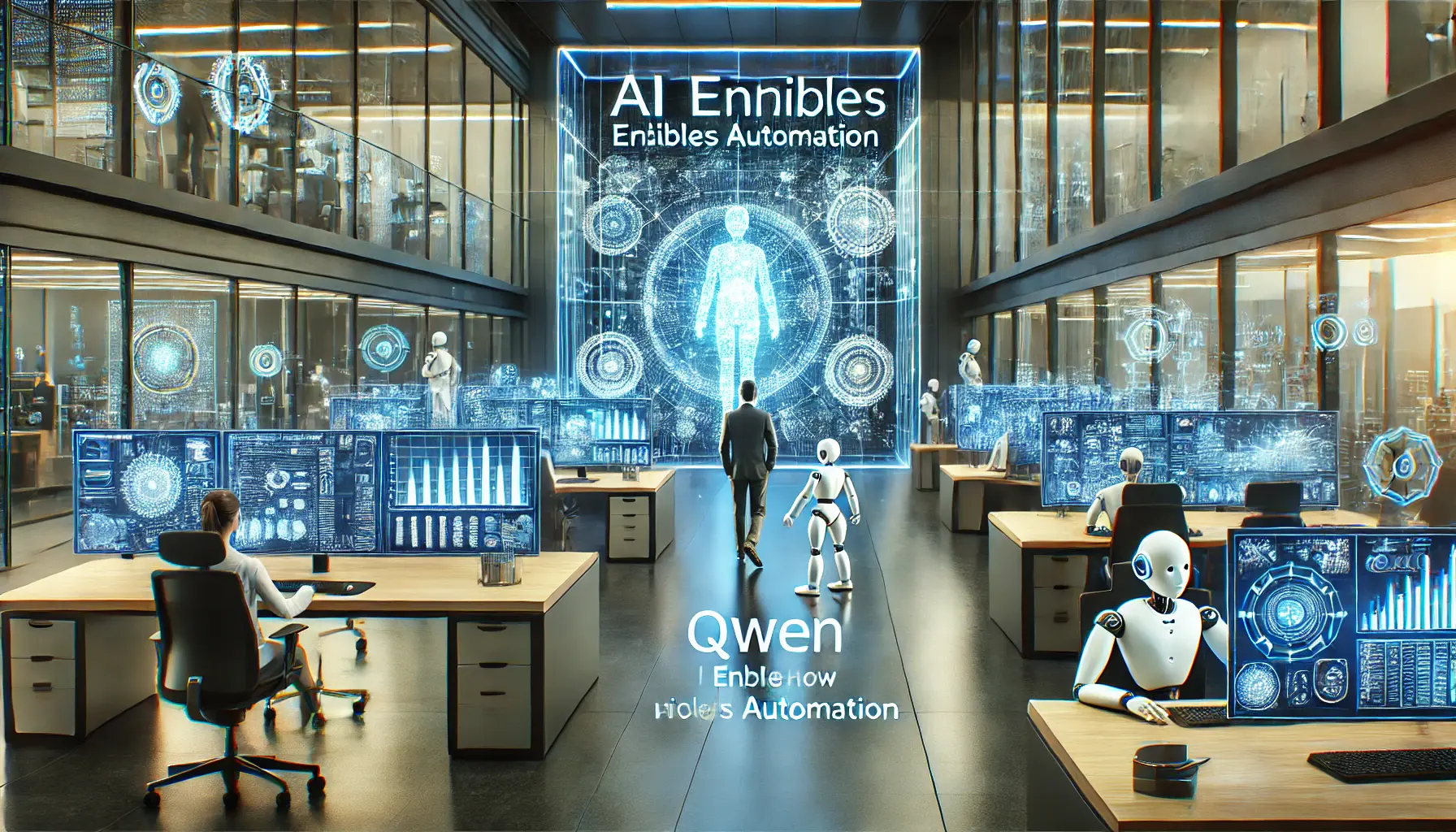 A futuristic business environment where an AI-powered system analyzes data streams and optimizes workflow processes with robotic assistants.