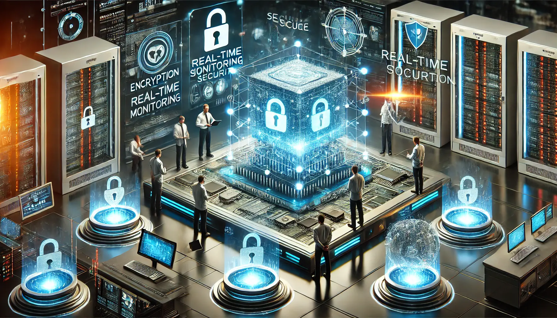 Experts overseeing the deployment of an AI system with multiple layers of security such as encryption, monitoring, and access controls in a futuristic cyber lab.