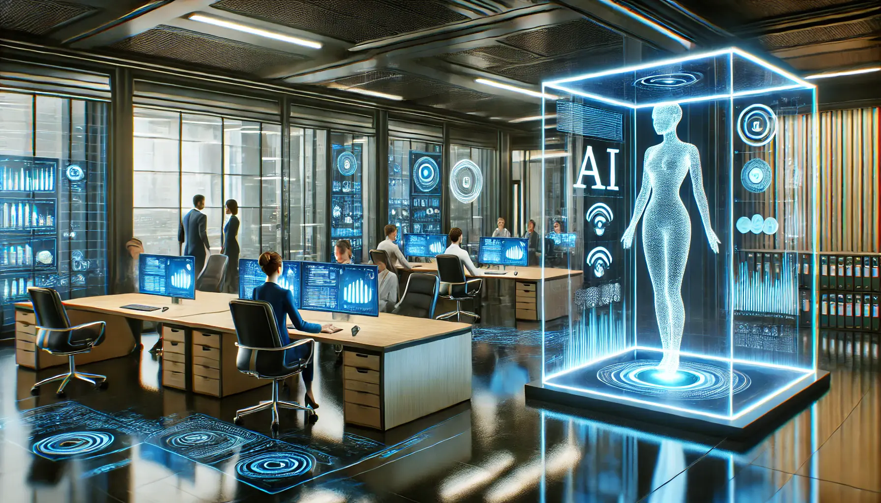 A futuristic business office with holographic AI assistants and digital screens displaying AI-driven analytics.