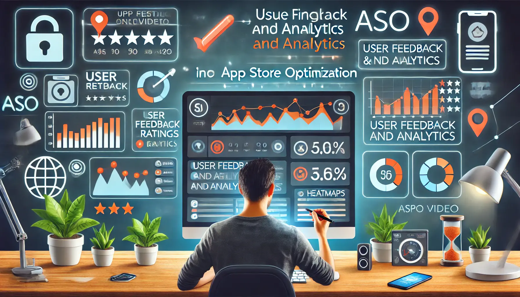 A digital illustration of a designer integrating user feedback and analytics data into an ASO video, with multiple screens showing reviews, ratings, and engagement analytics.