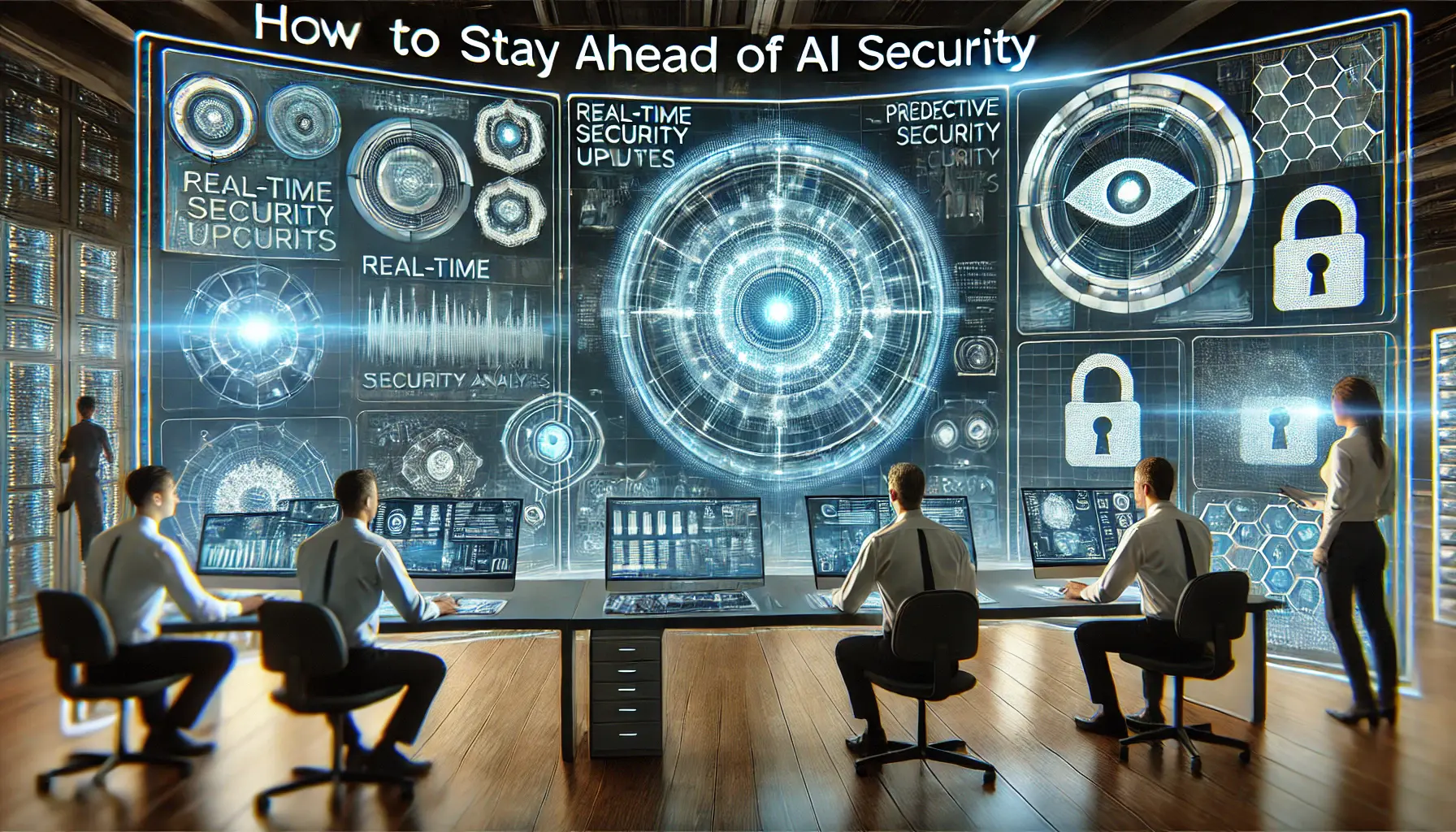 A futuristic digital scene illustrating proactive AI security measures with advanced monitoring, real-time updates, and threat analysis.