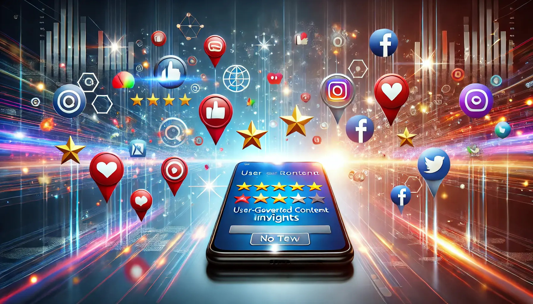 A visually compelling representation of how user-generated content (UGC) insights impact app store optimization (ASO) strategy, featuring a smartphone with floating elements like user reviews, ratings, and social media interactions.