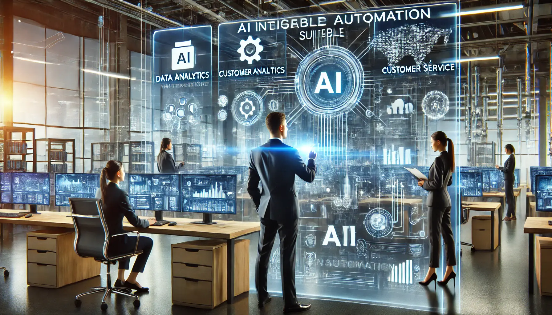 Futuristic office environment with professionals analyzing AI-driven automation processes on digital dashboards.