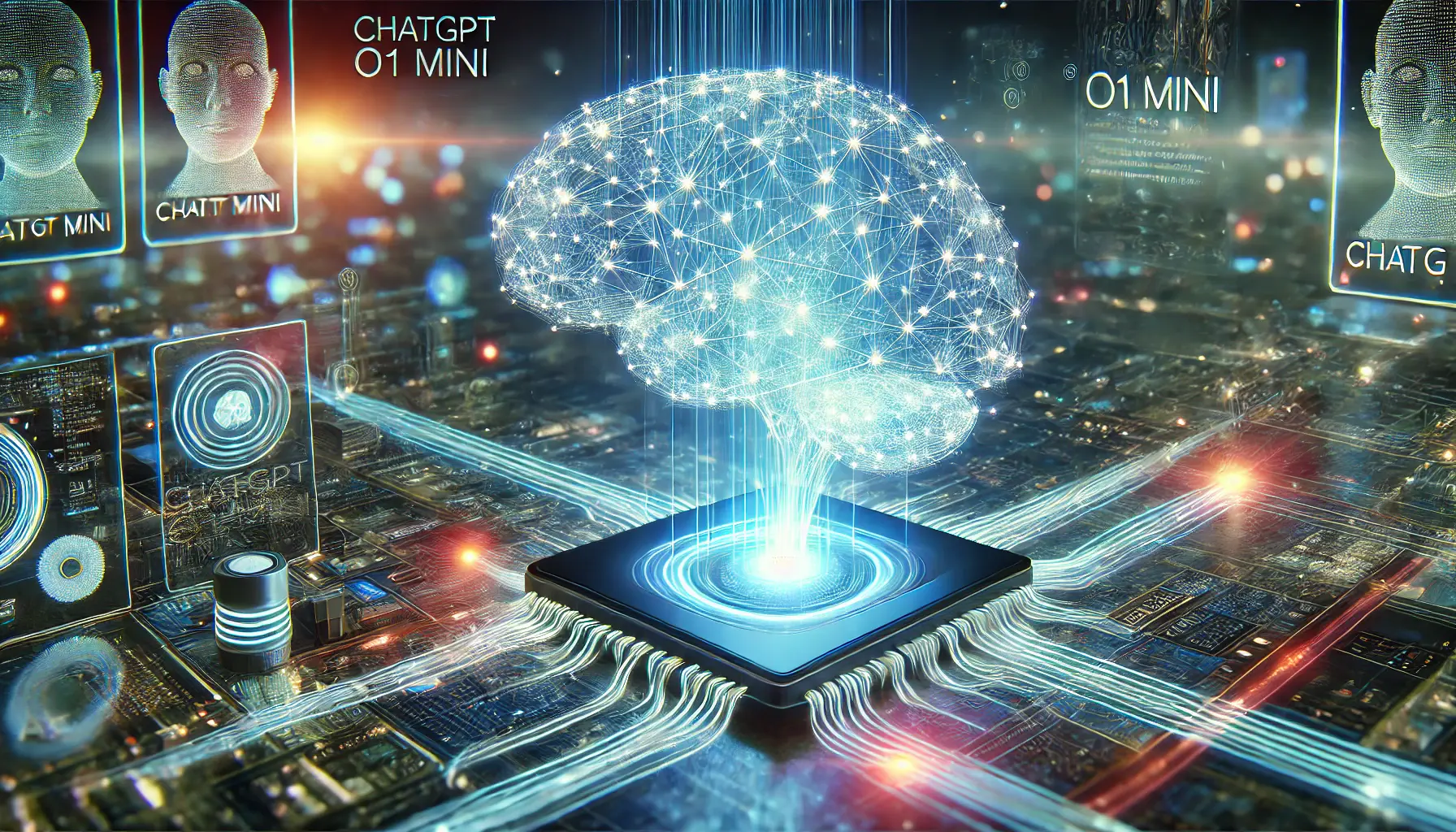 A futuristic digital brain with glowing neural networks, symbolizing the lasting impact of ChatGPT o1 mini on various industries like software development, scientific research, and education.