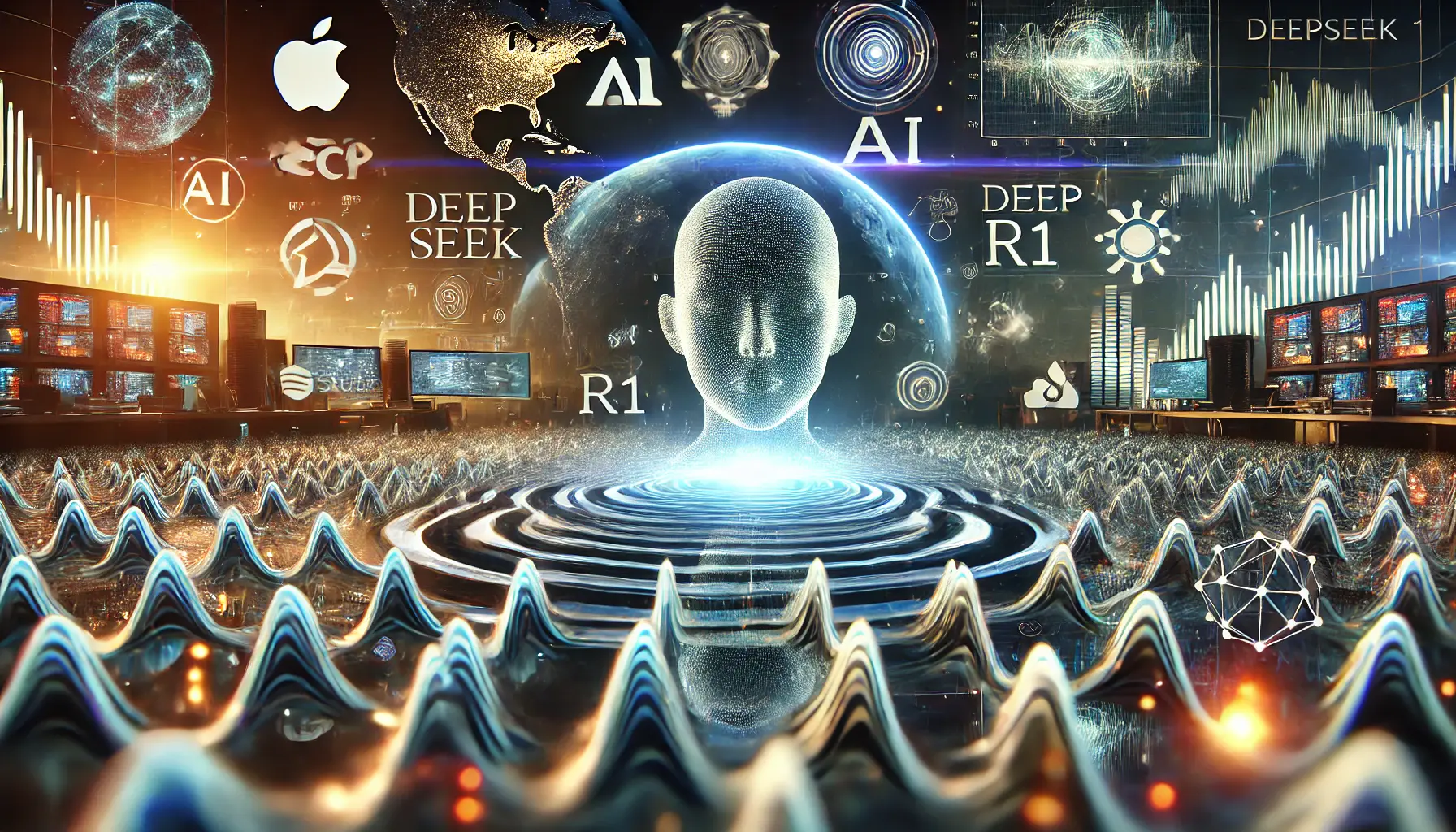 A futuristic scene depicting the impact of DeepSeek R1 on the AI industry. The image shows a digital landscape with AI models and algorithms creating ripples of change, symbolizing their influence on the industry. In the background, major tech company logos are represented by glowing data streams and holographic elements. A digital world map highlights the global reach and disruption caused by DeepSeek R1’s advancements in AI.