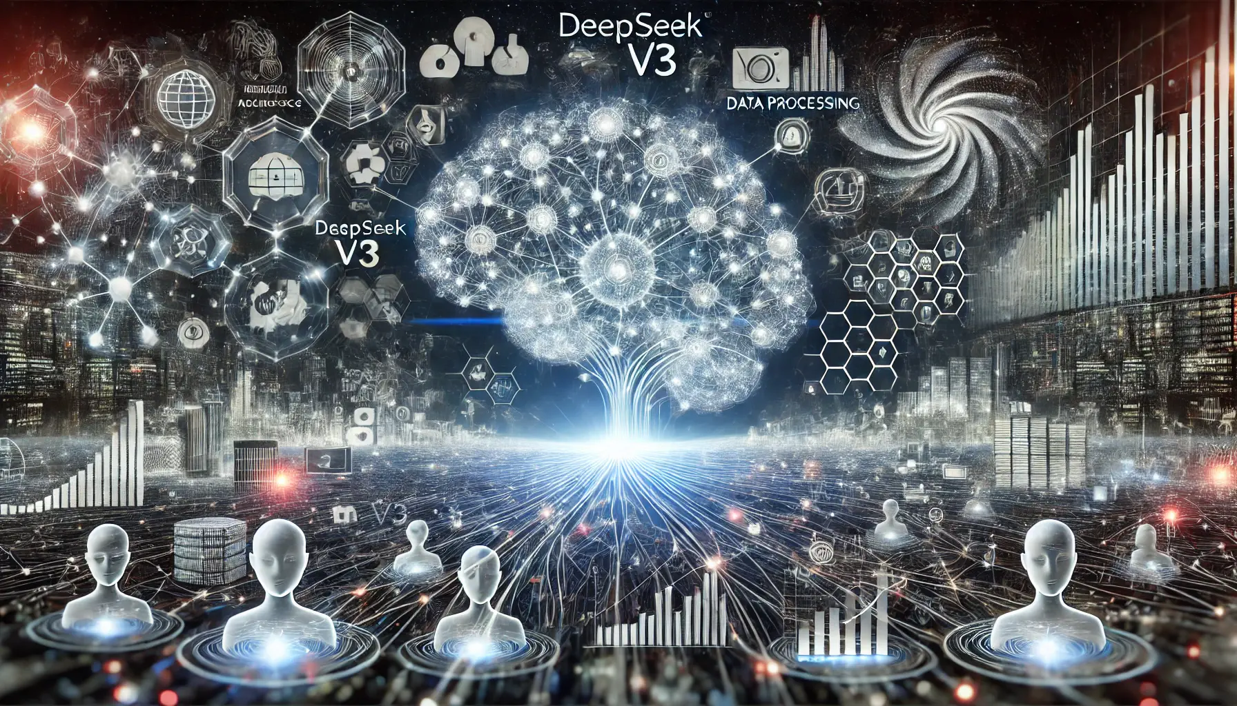 A futuristic representation of DeepSeek v3's impact on various industries, with glowing neural connections expanding across sectors like technology, finance, and healthcare.