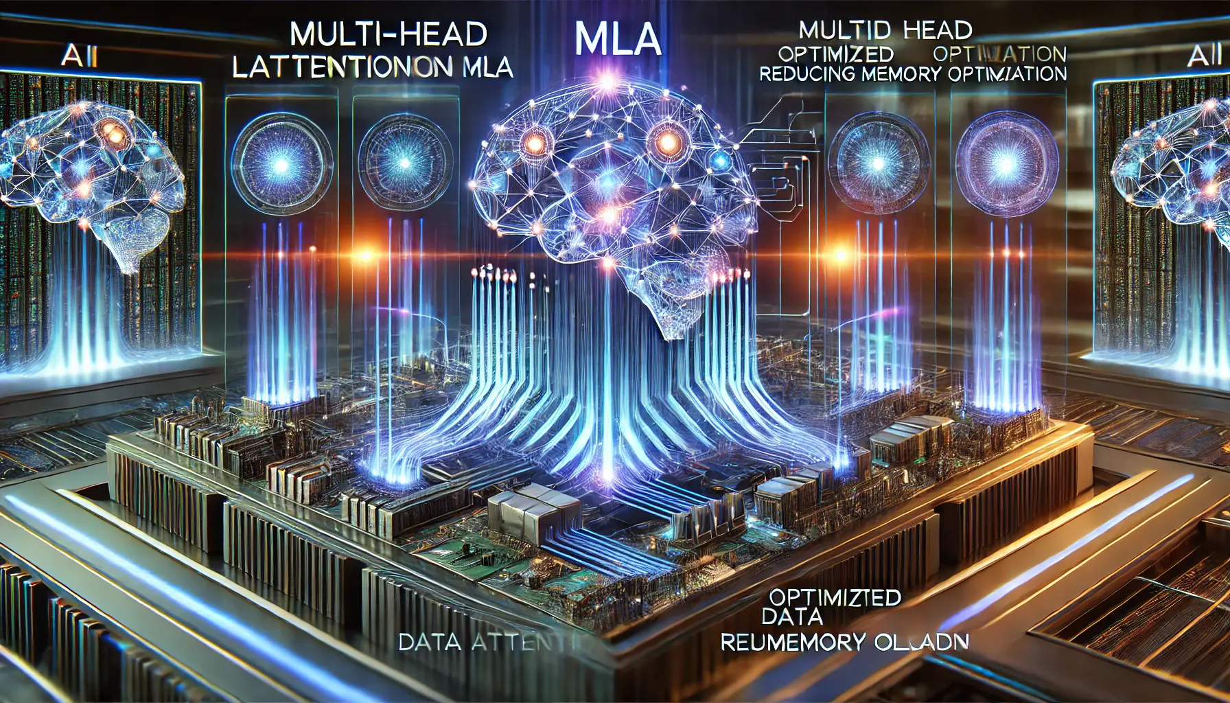 A futuristic AI visualization depicting an advanced system efficiently managing data flow through optimized neural pathways with glowing circuits and dynamic data streams in blue and purple tones.