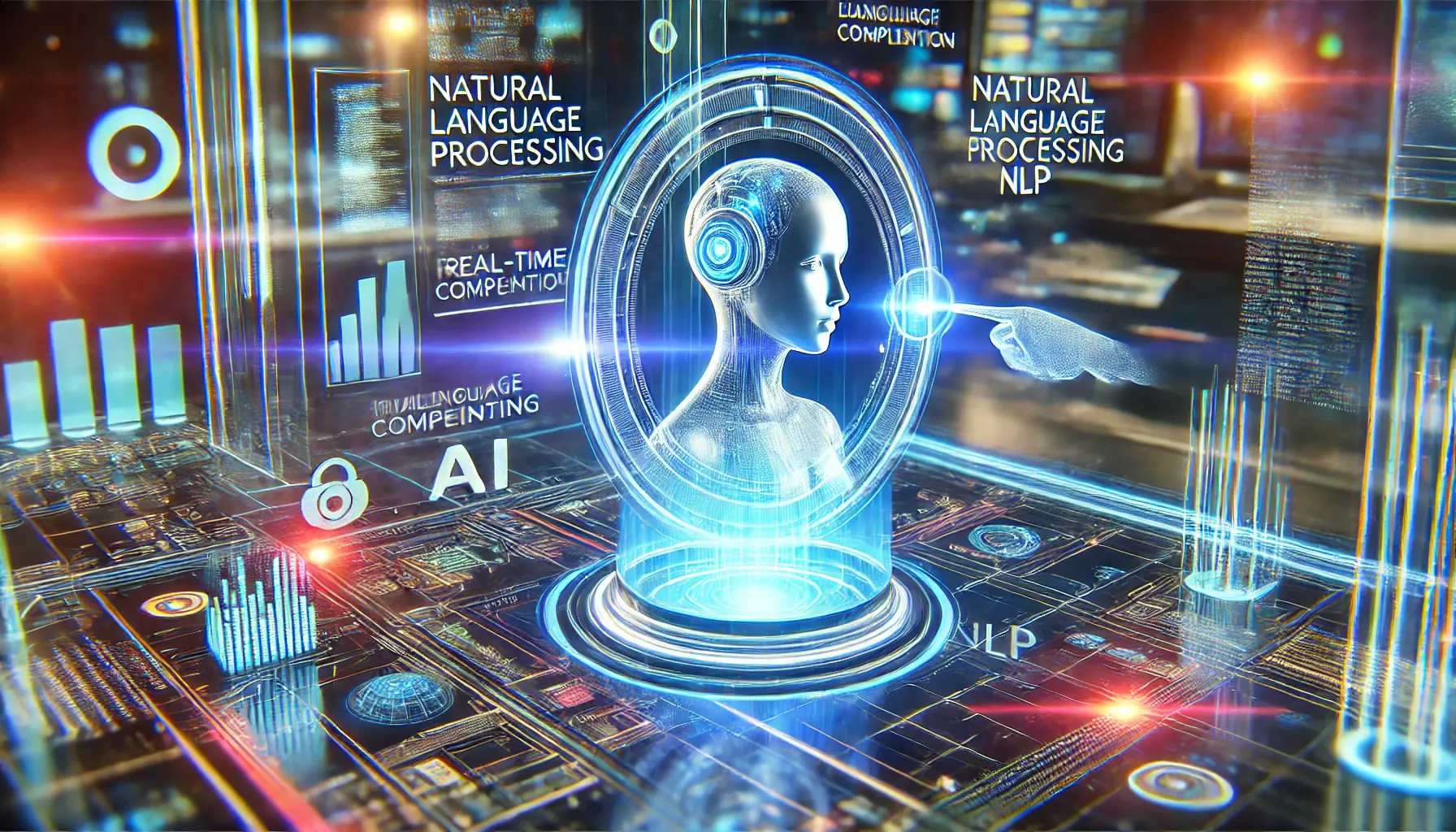 A futuristic depiction of Natural Language Processing (NLP) with an AI-powered digital assistant interacting through a holographic interface.