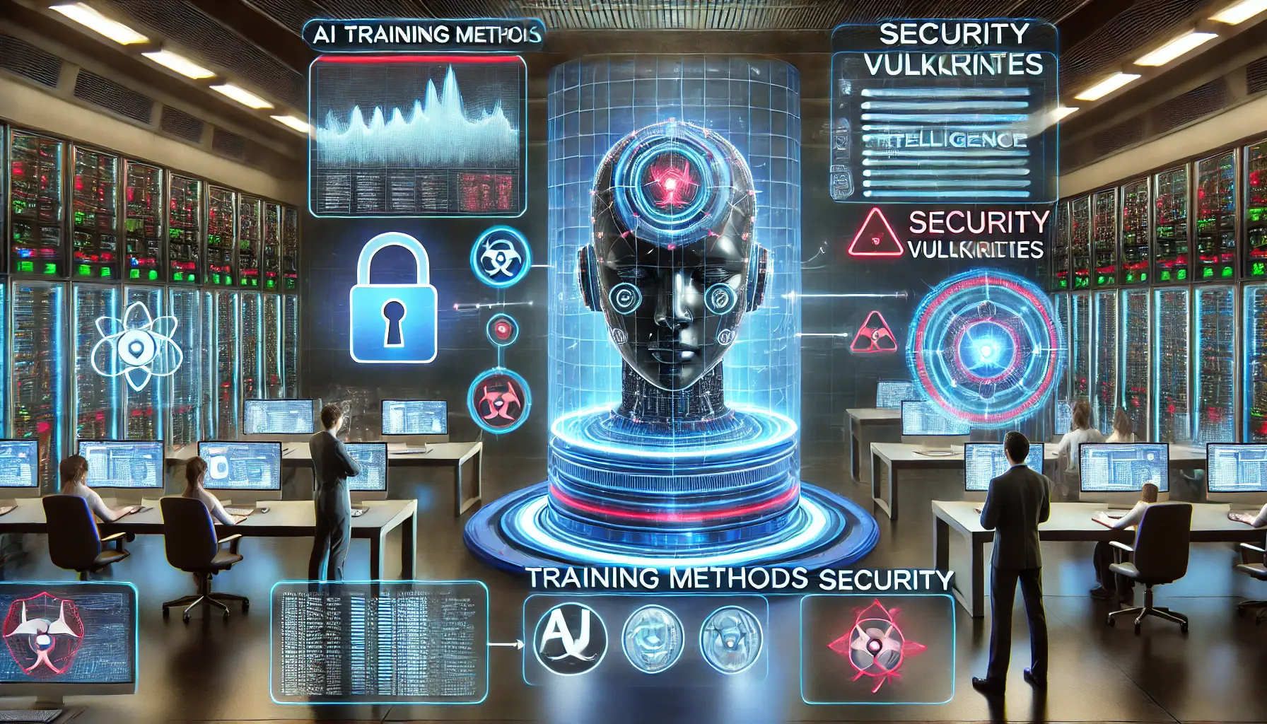 A futuristic AI training system with data streams and highlighted security vulnerabilities being analyzed in a cyber lab.