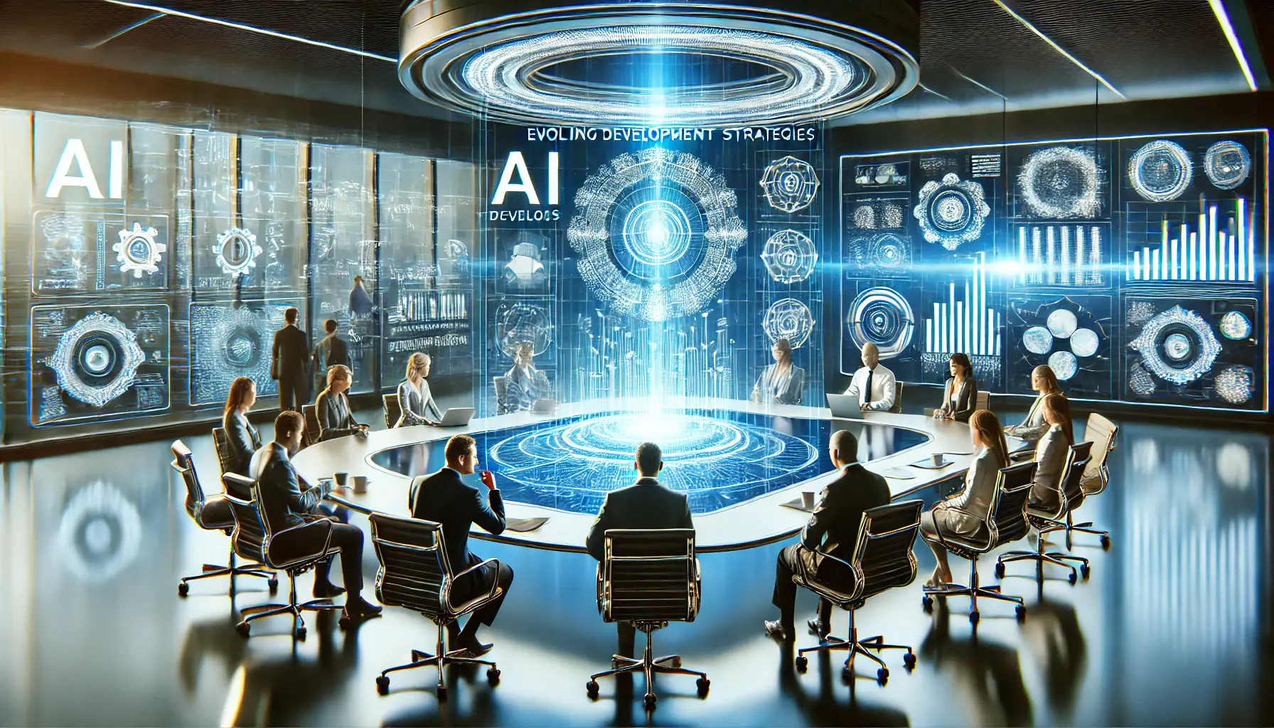 A futuristic meeting with AI researchers and executives discussing evolving AI development strategies in a modern conference room.