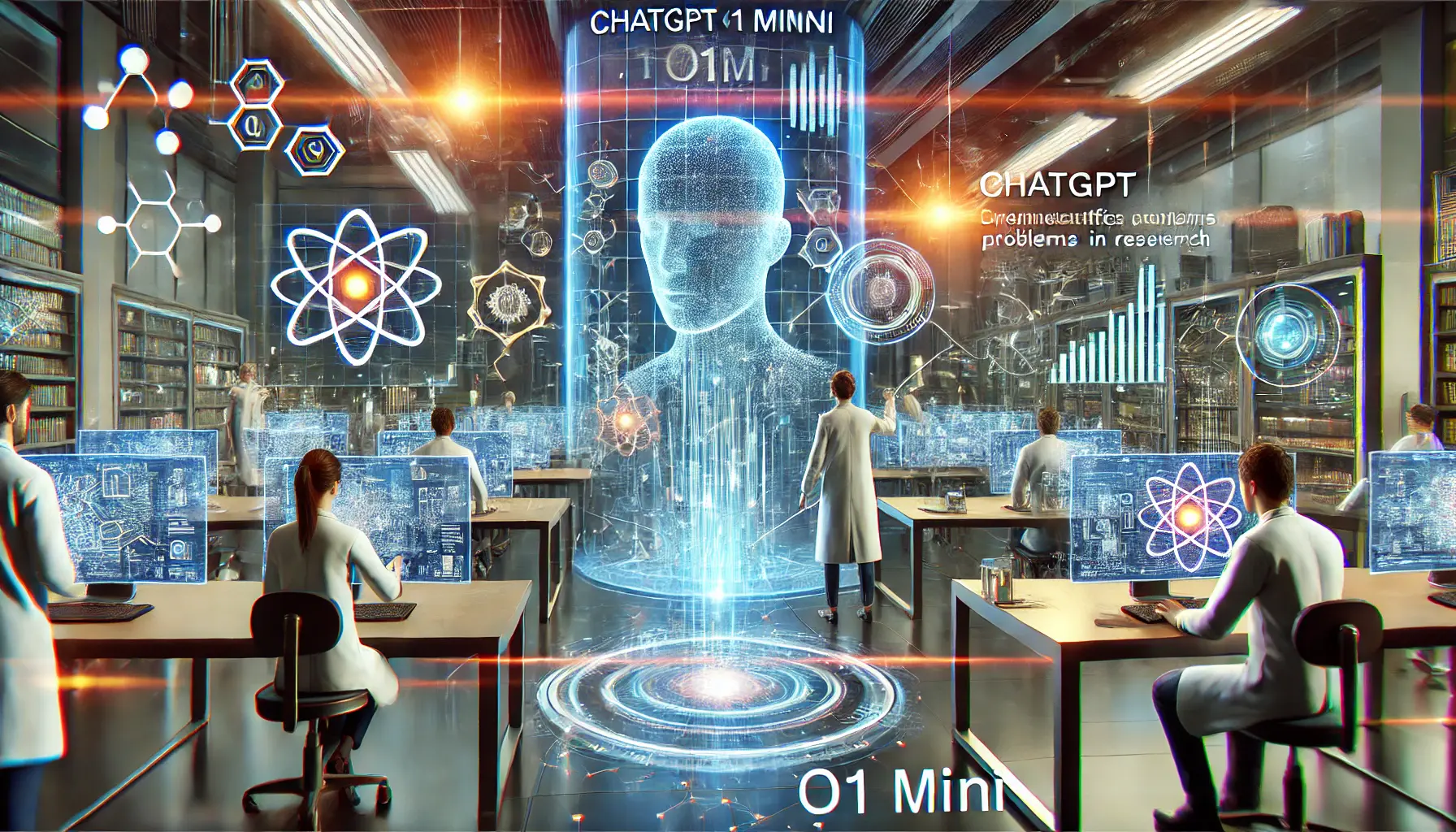 A futuristic scientific research lab showing the impact of ChatGPT o1 Mini, with researchers analyzing complex data and receiving AI insights.