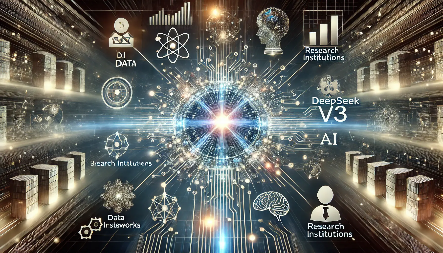 A futuristic visualization of the impact of DeepSeek v3 on the AI ecosystem, with a glowing central AI core radiating energy into various sectors.