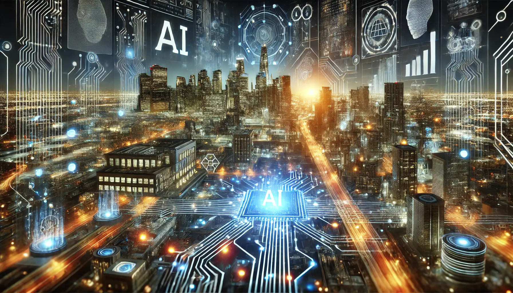 A futuristic digital cityscape symbolizing the transformative impact of AI technology on various industries, with glowing circuits and data pathways.