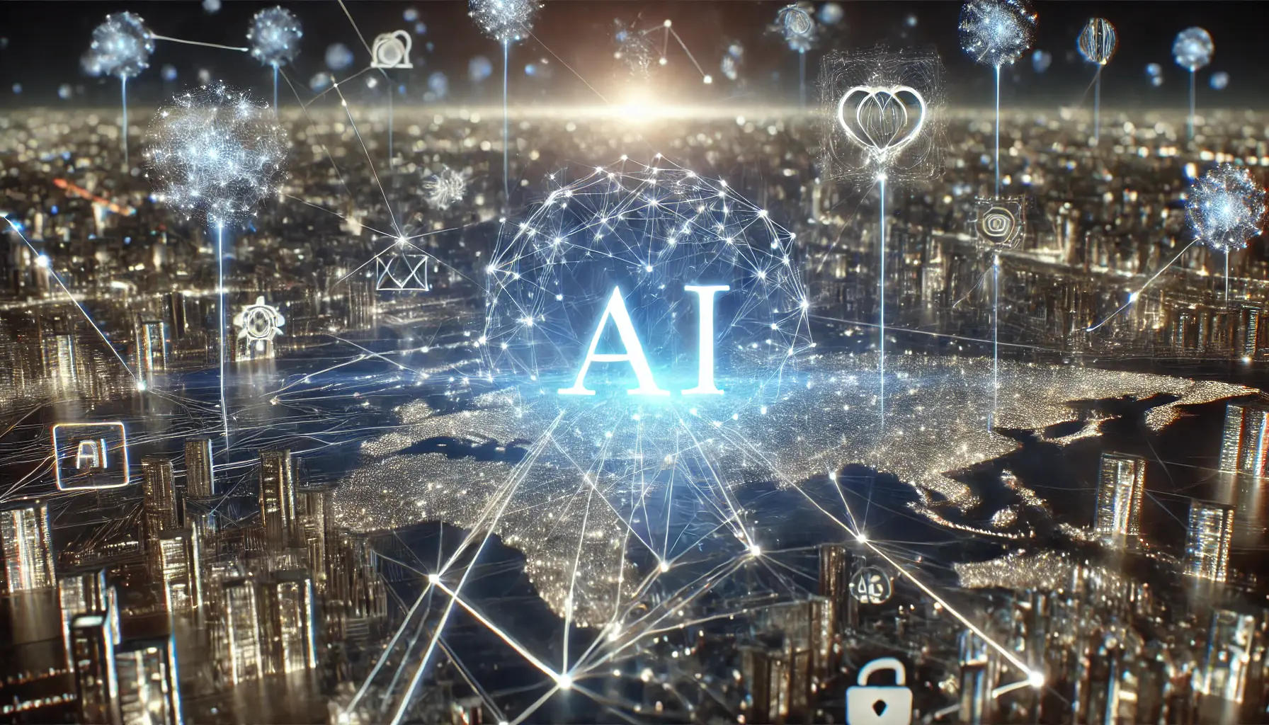 A futuristic digital network symbolizing the influence of AI systems across various industries like healthcare, finance, and transportation.