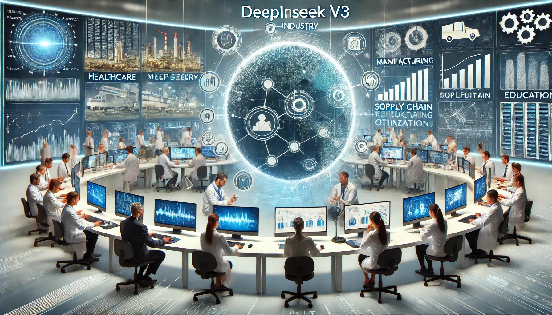 A multi-industry control center with professionals applying DeepSeek v3 to healthcare, finance, manufacturing, and education.