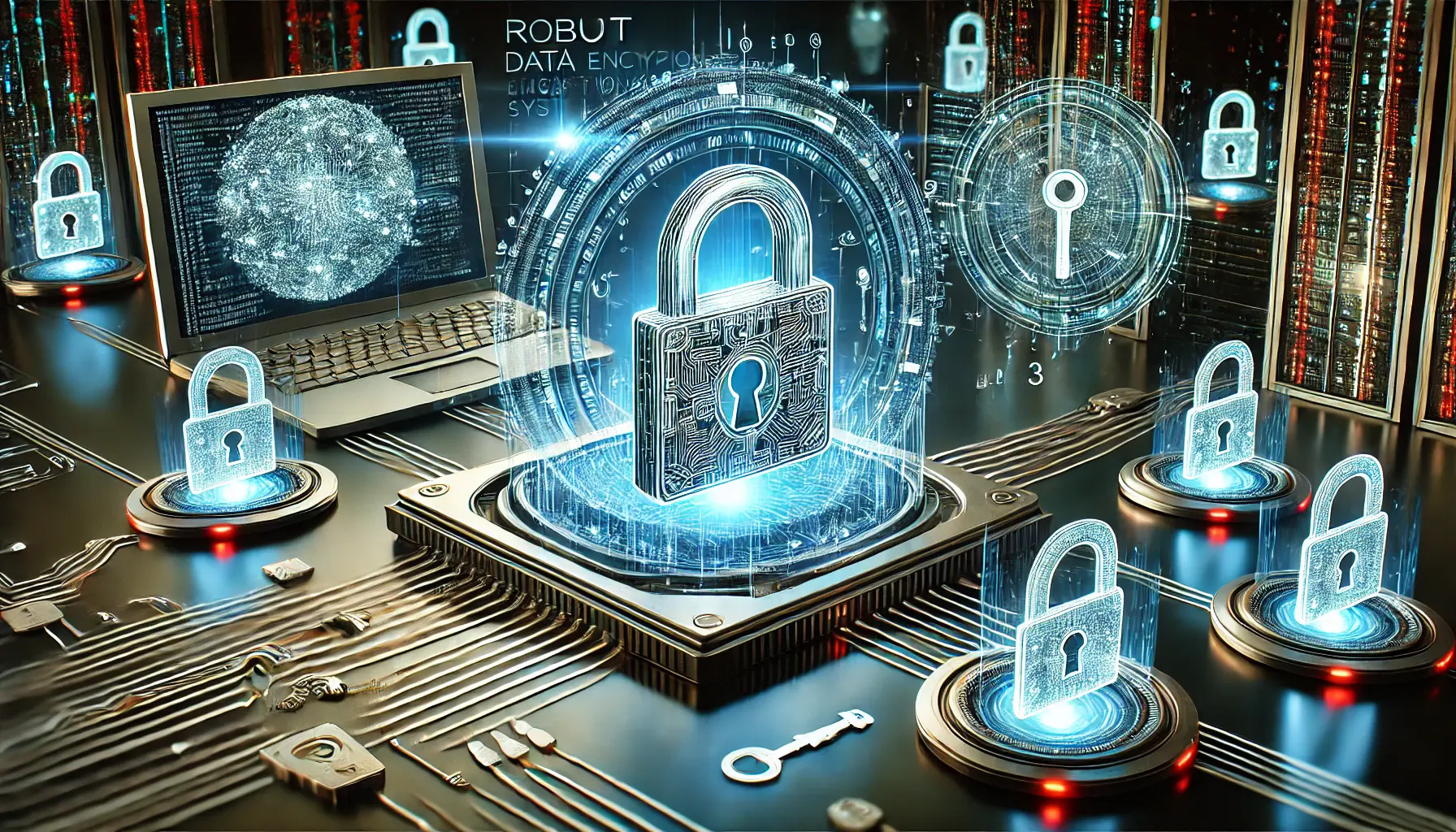 A digital environment showing secure data flows, encryption keys, and digital locks protecting sensitive information in AI systems.