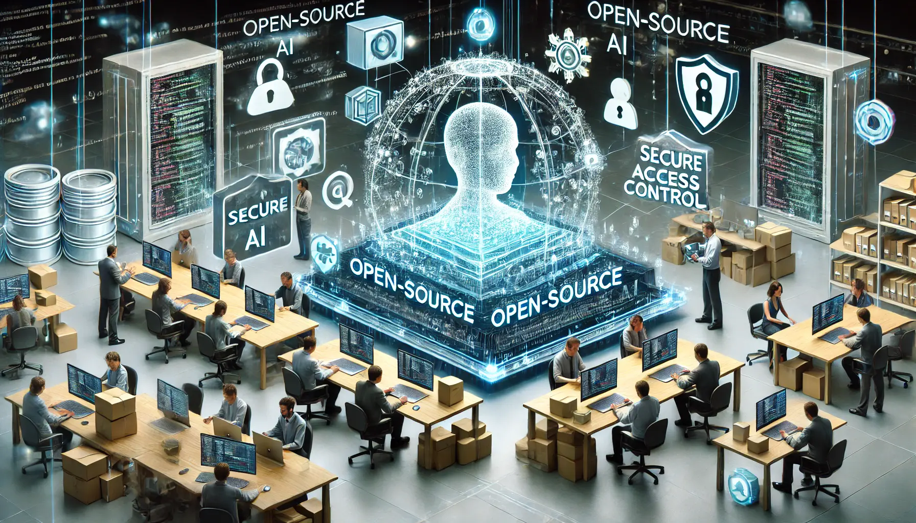 A digital scene illustrating the implementation of open-source AI safeguards with secure coding, encryption, and access control systems.