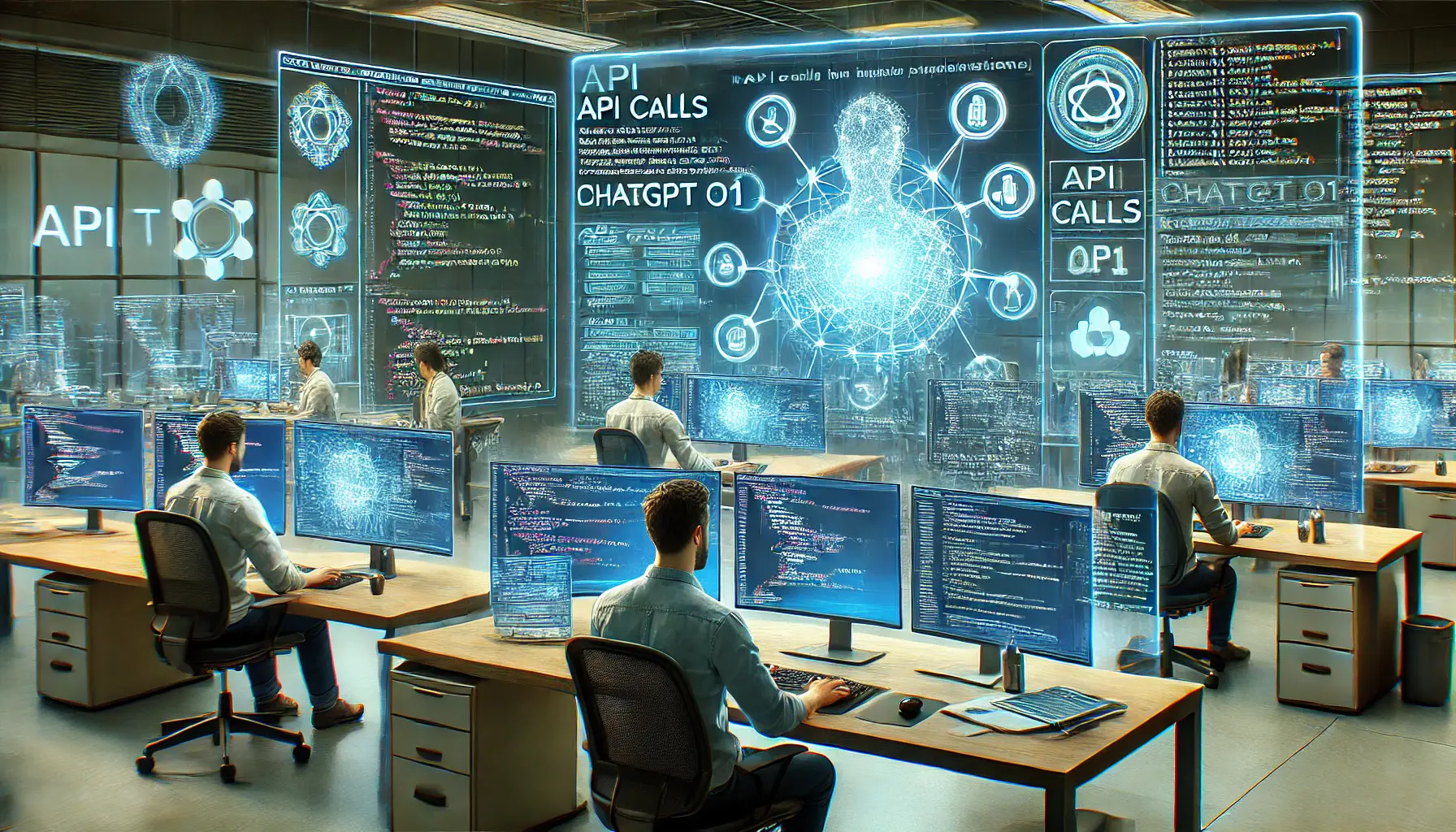 A high-tech developer workspace where engineers are implementing API calls for ChatGPT o1, with holographic displays and real-time testing results.