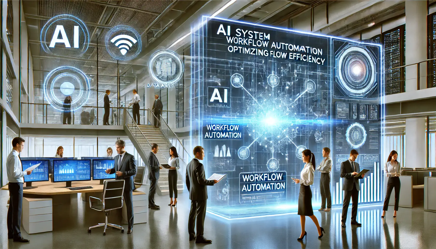 A futuristic corporate environment where AI automates workflow processes, enhancing productivity.