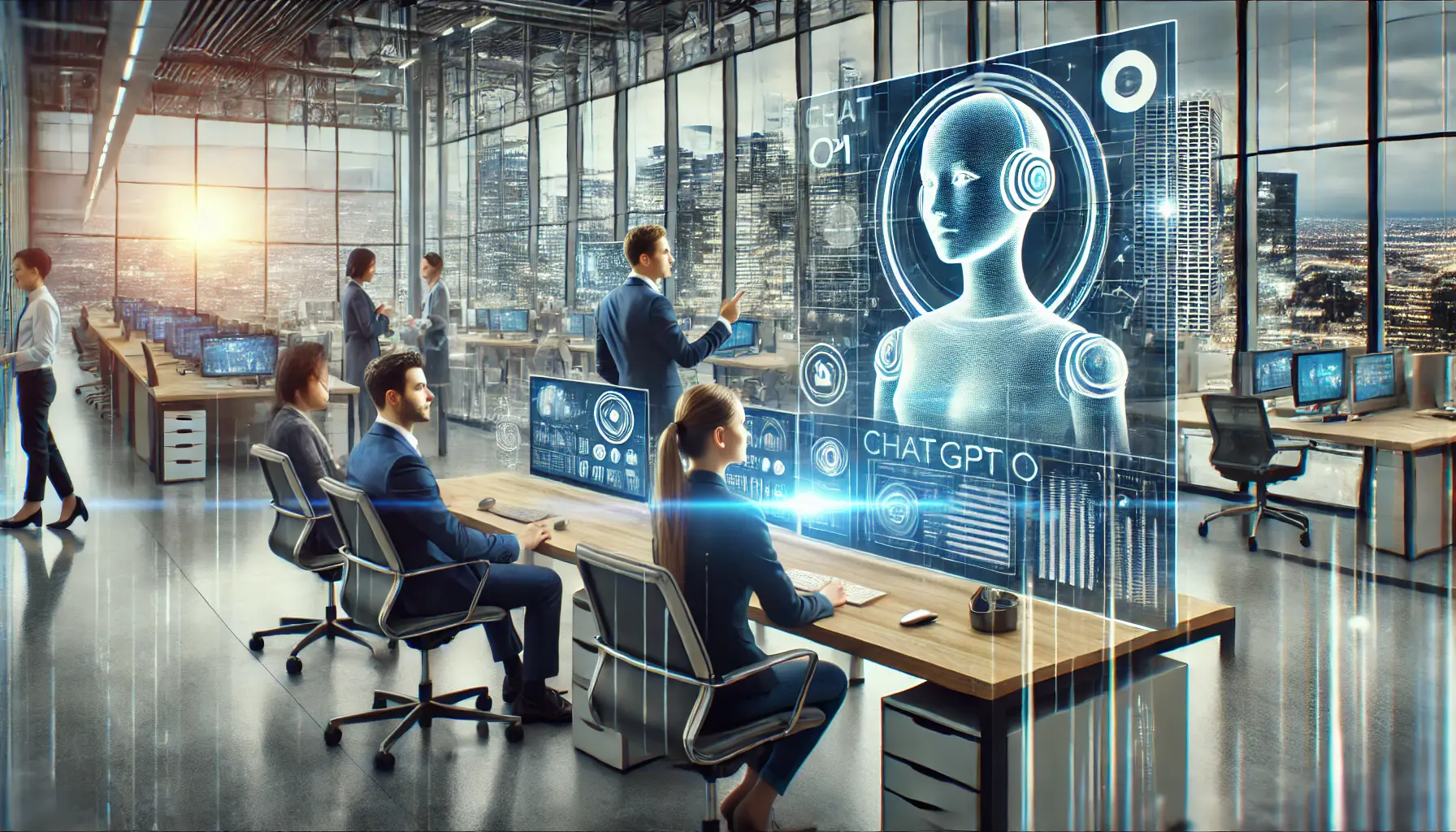 A modern business environment where a team of professionals is discussing the integration of ChatGPT o1 into their customer support systems, with holographic displays showcasing the AI's incorporation.