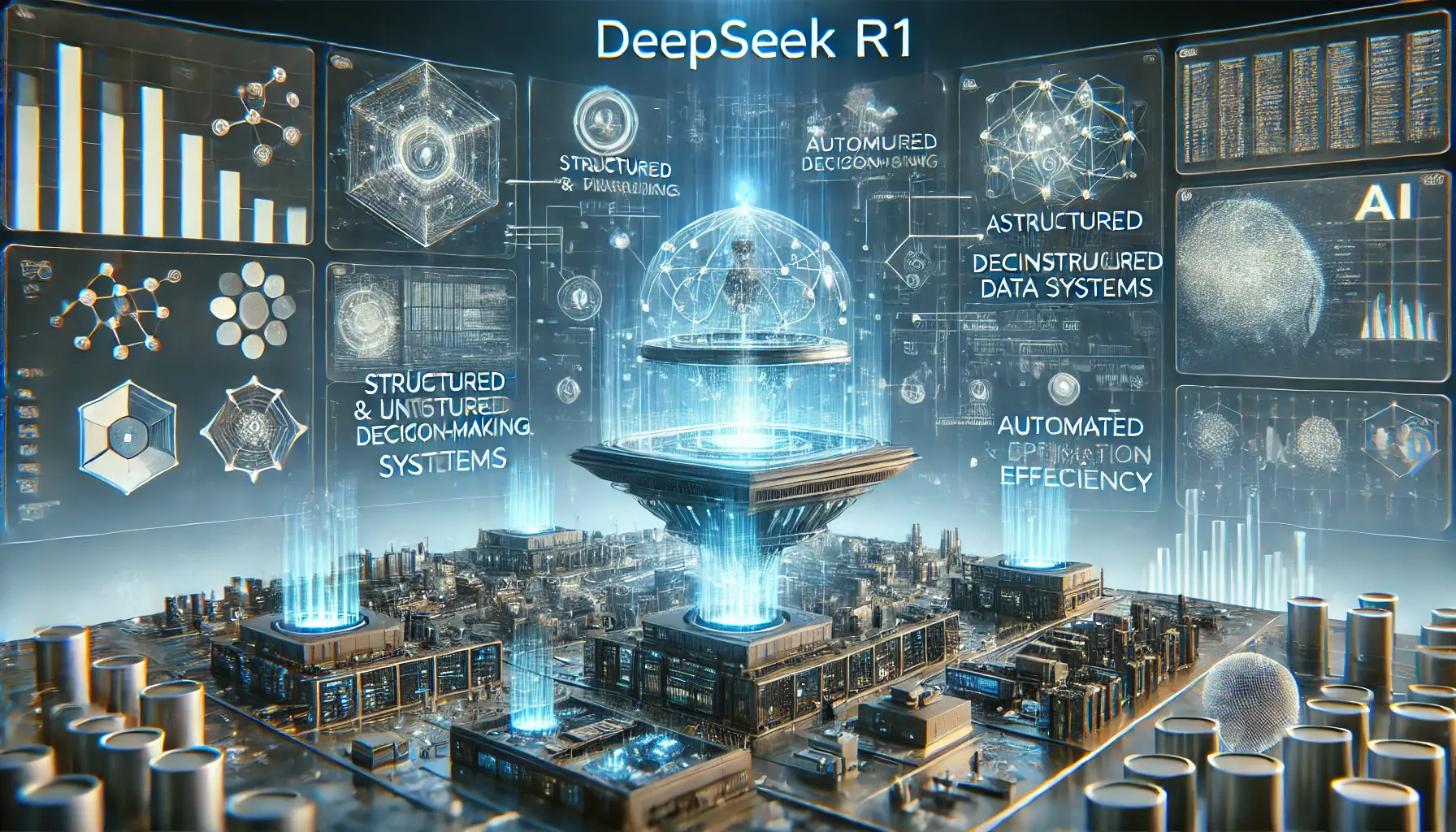 A futuristic AI-powered data workflow with DeepSeek R1 integrated into automated decision-making, cloud analytics, and real-time data processing pipelines.