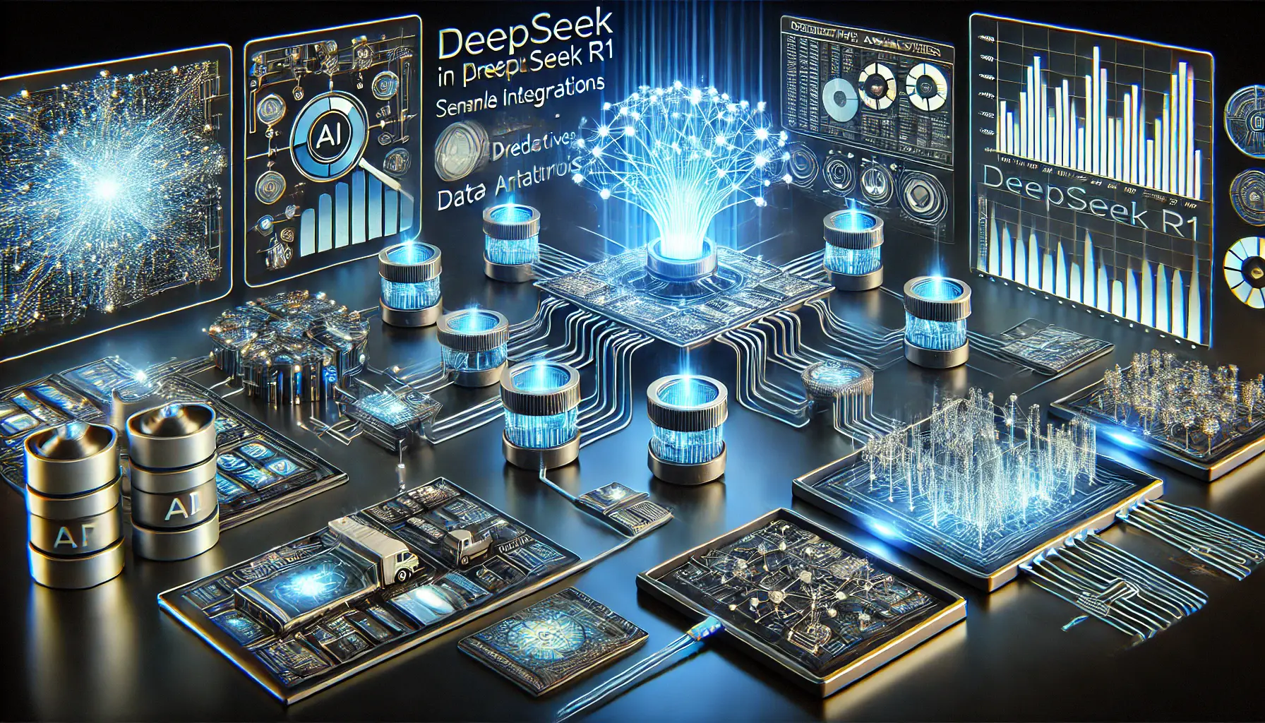 A high-tech AI visualization showing the integration of DeepSeek R1 into predictive analytics workflows, with glowing neural networks and data pipelines.