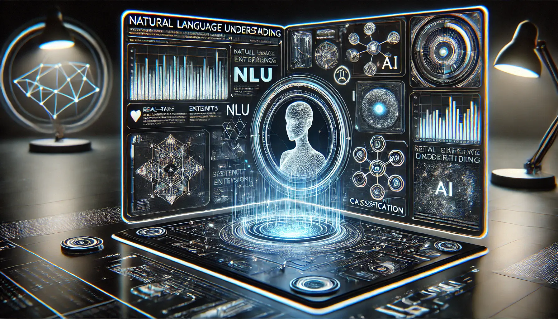 A futuristic AI interface analyzing human language input with real-time speech-to-text processing and neural network visualization.