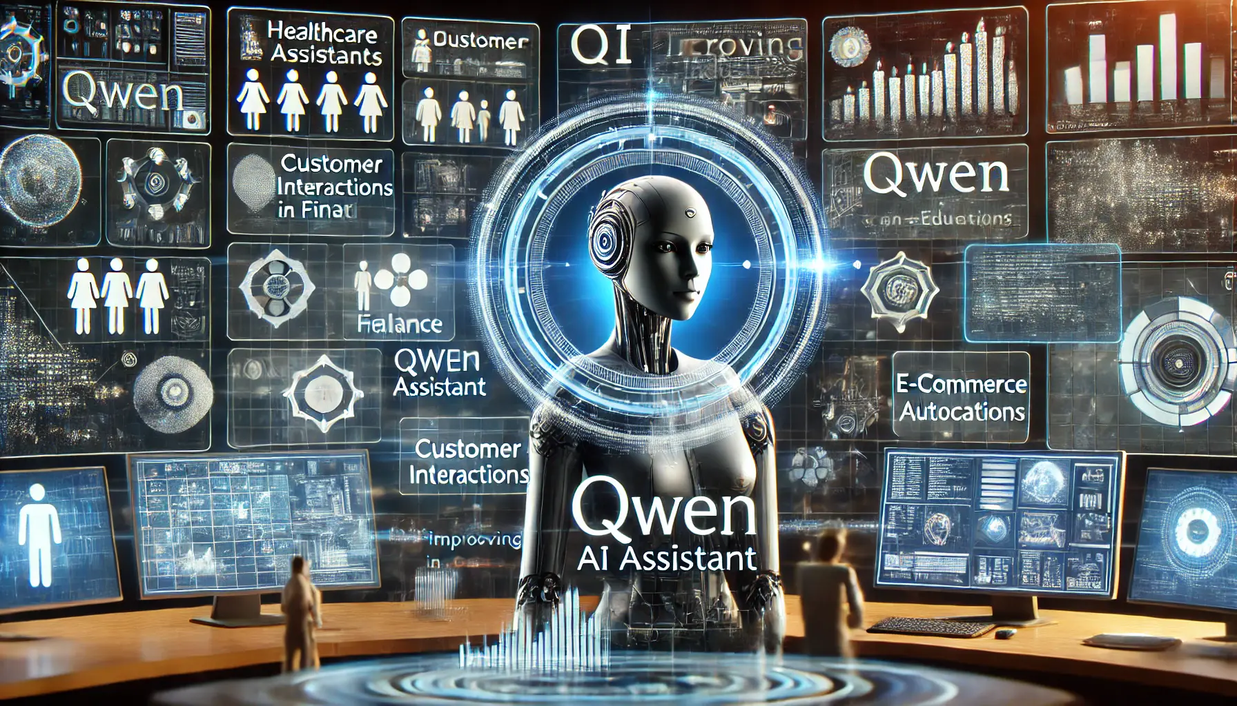 A futuristic AI assistant managing tasks across multiple industries including healthcare, finance, e-commerce, and education through holographic displays in a high-tech control center.