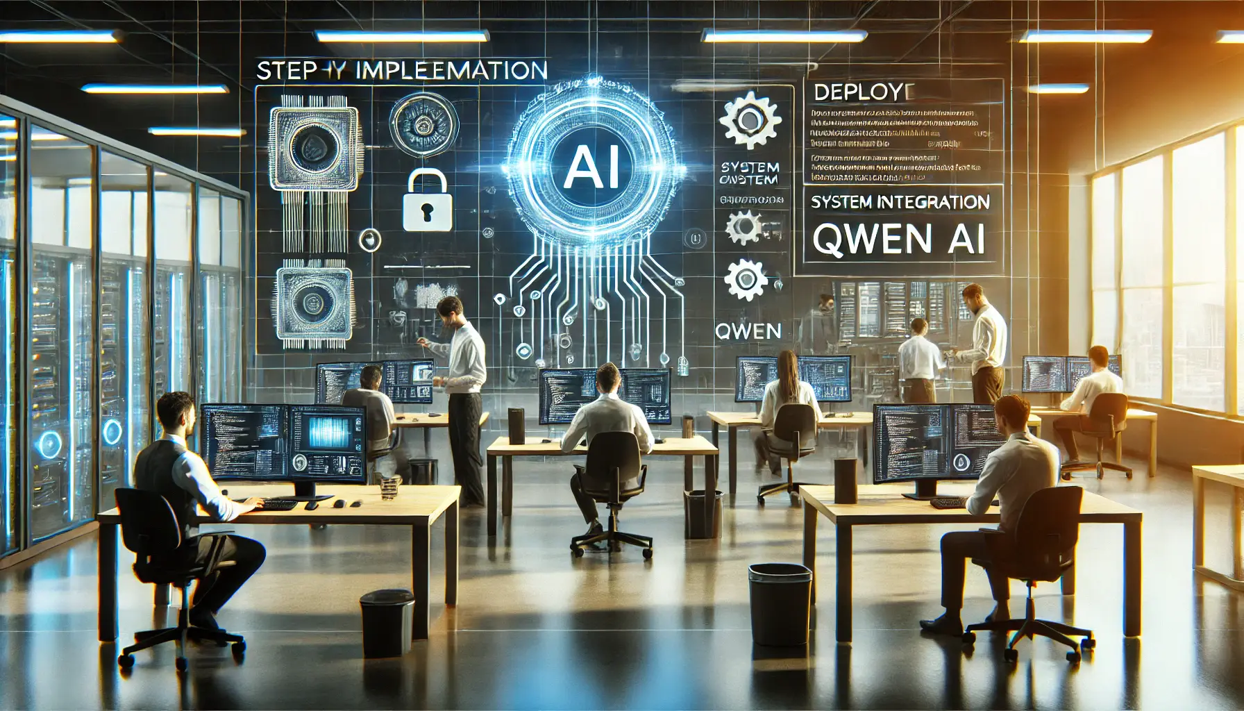 A modern workspace showing professionals configuring AI systems and working on data integration during the Qwen implementation process.