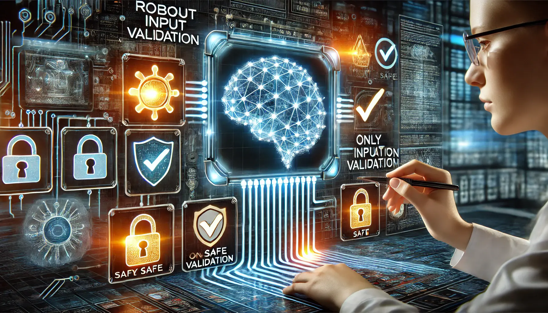 A digital interface with incoming data streams being filtered and validated by a protective firewall in a high-tech cyber lab.