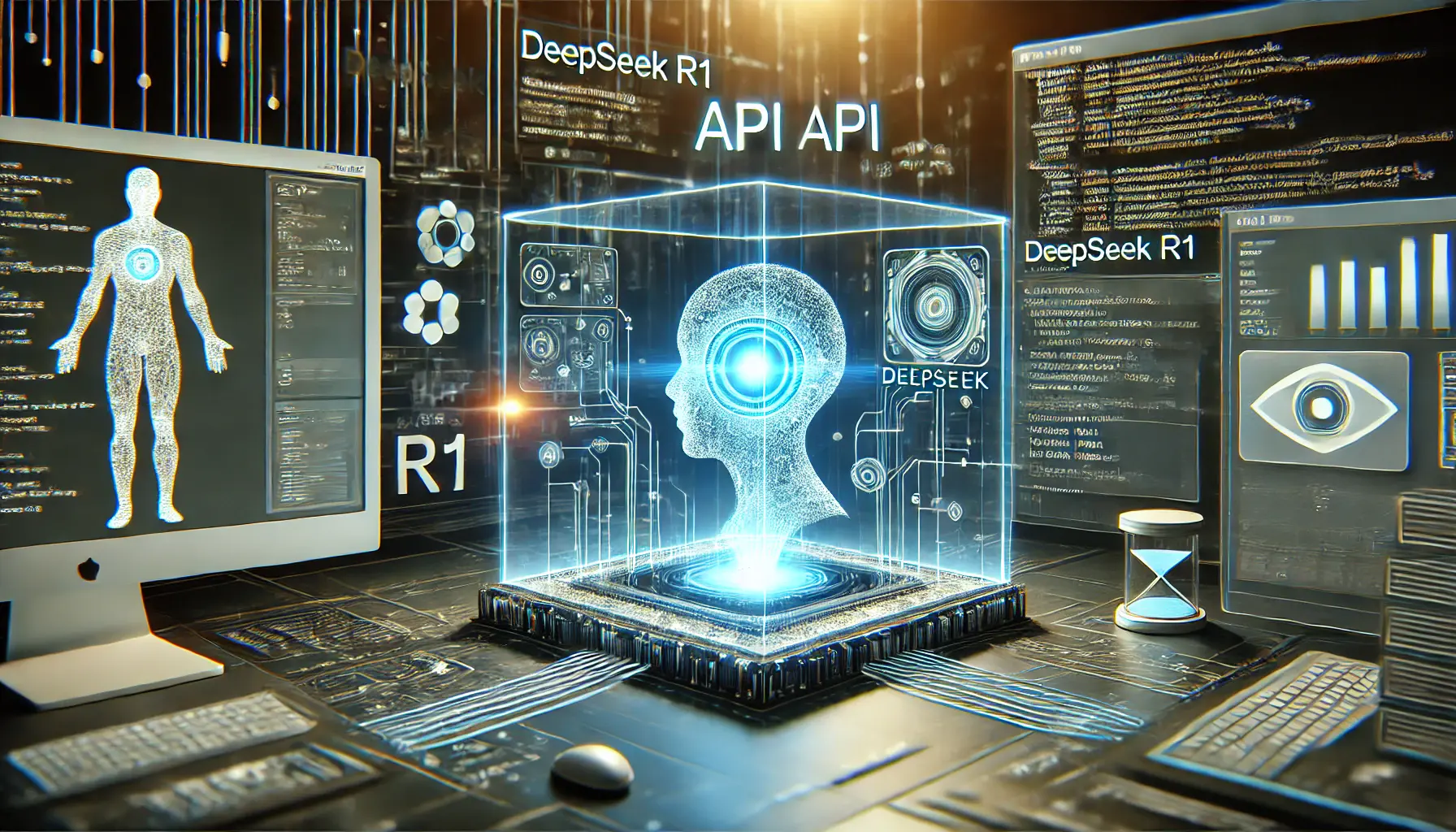 A futuristic AI API integration scene featuring a high-tech software development environment with holographic code interfaces, API endpoints, and system connections. A glowing AI core represents DeepSeek R1, surrounded by data streams linking it to application frameworks.