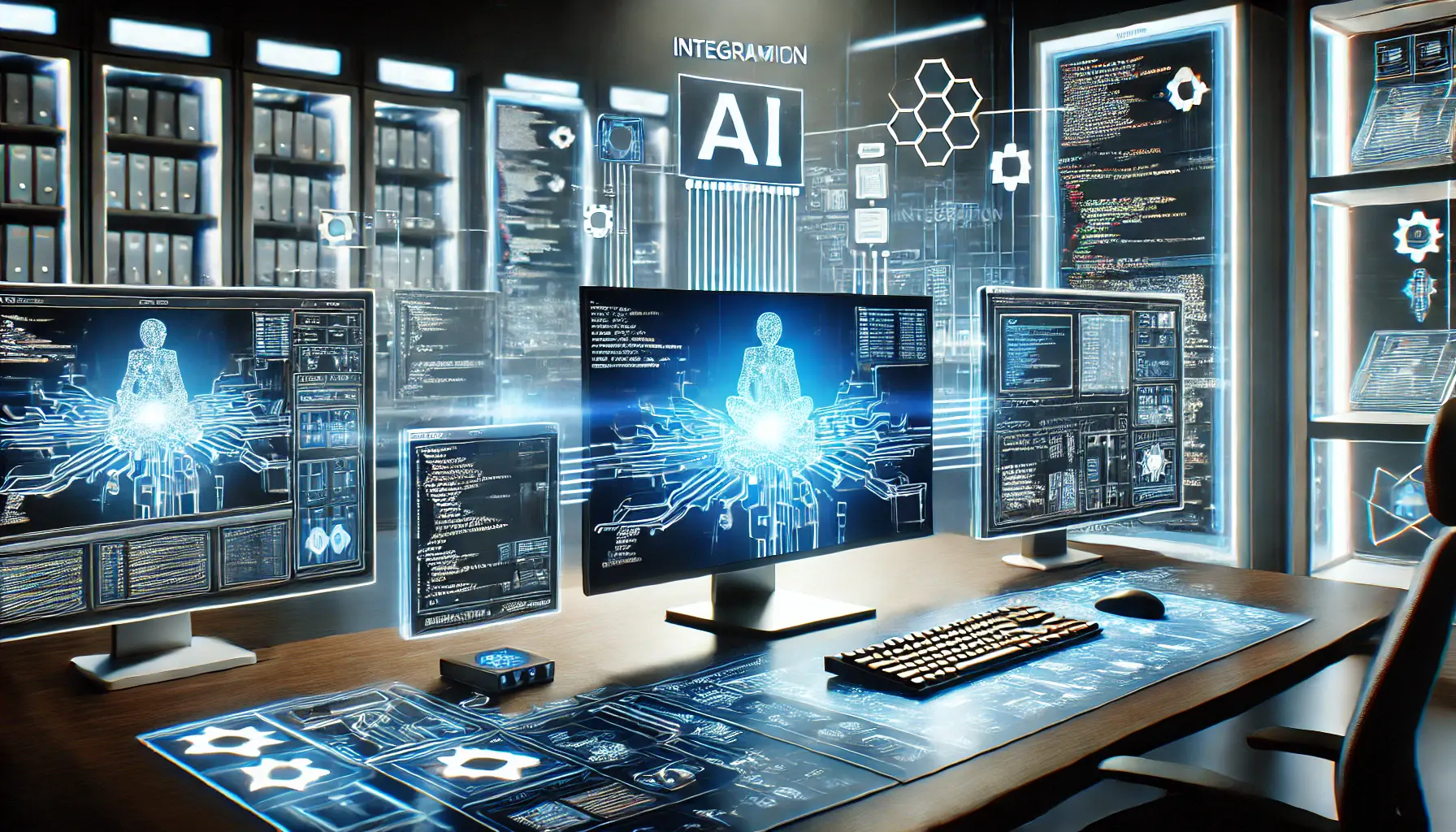 A high-tech development environment with multiple monitors displaying the process of integrating AI technology into a web or mobile application.