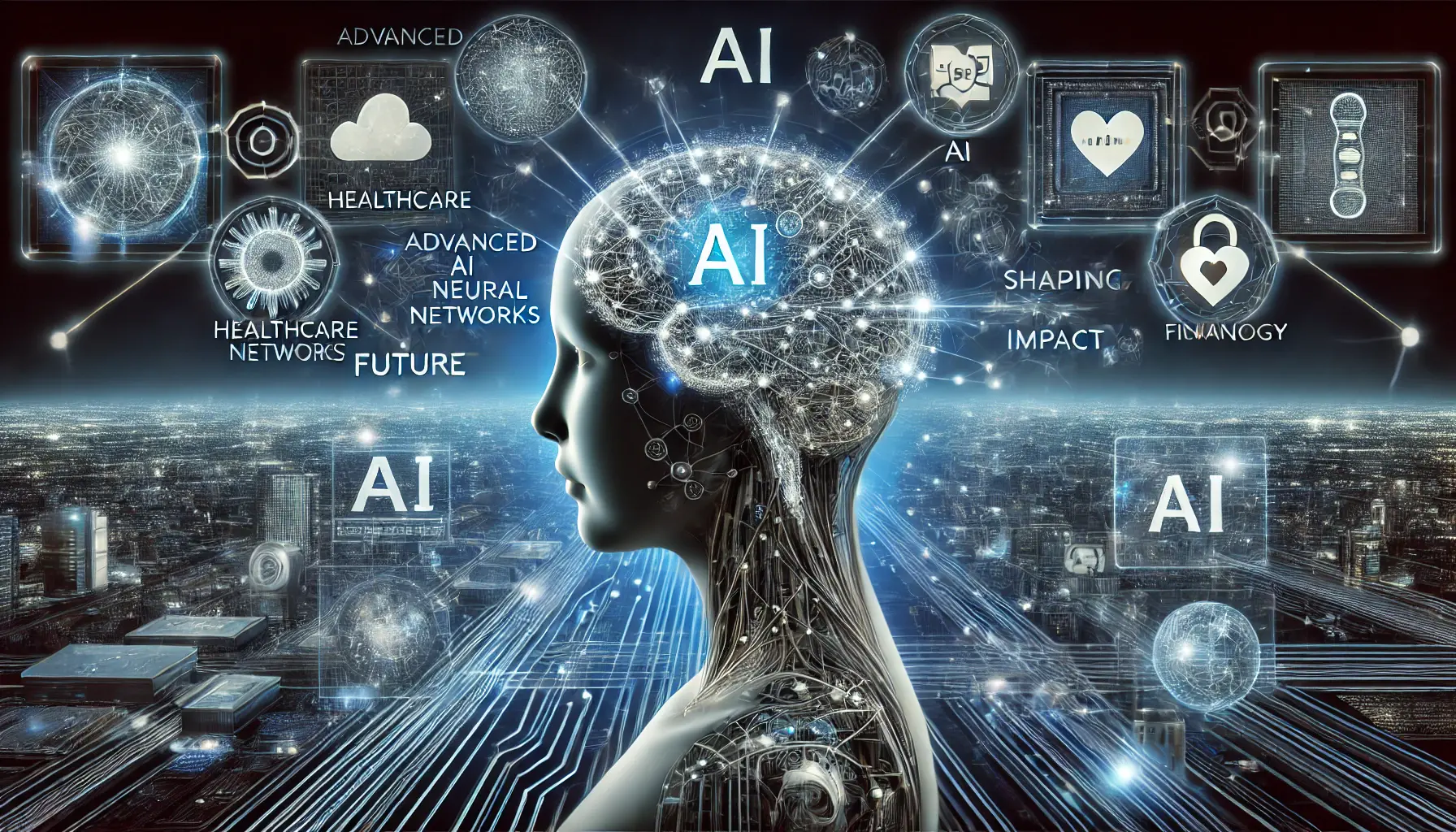 A futuristic AI system evolving with interconnected neural networks and expanding digital pathways, shaping various industries through holographic interfaces.