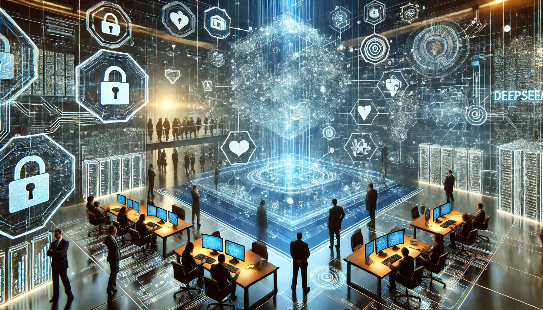 Executives and IT professionals in a corporate setting, surrounded by holographic data flows, security shields, and interconnected networks symbolizing the implications of using DeepSeek v3.