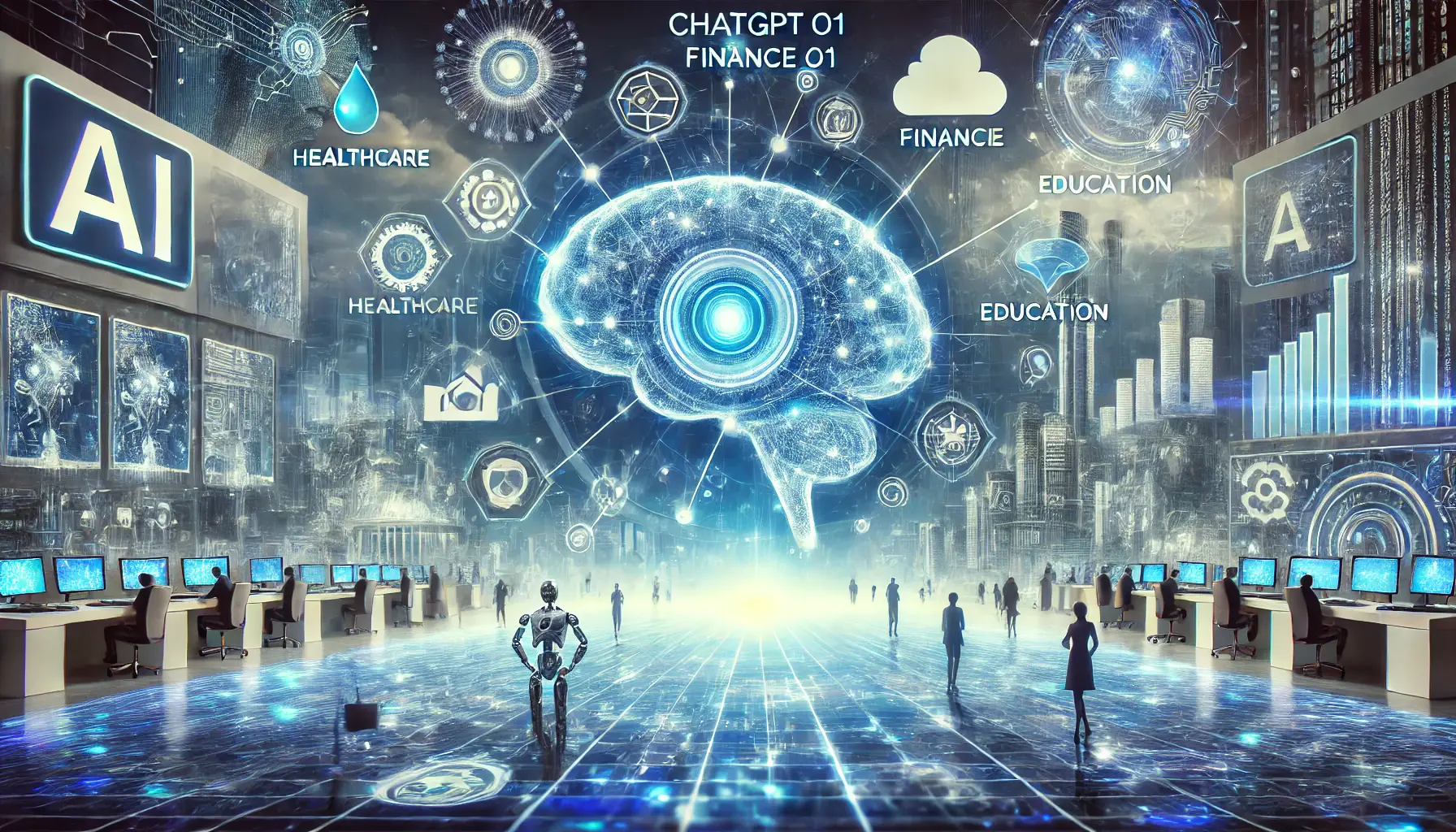 A futuristic scene showing the implications of ChatGPT o1 across various industries, including healthcare, finance, education, and technology, with advanced AI processing data.