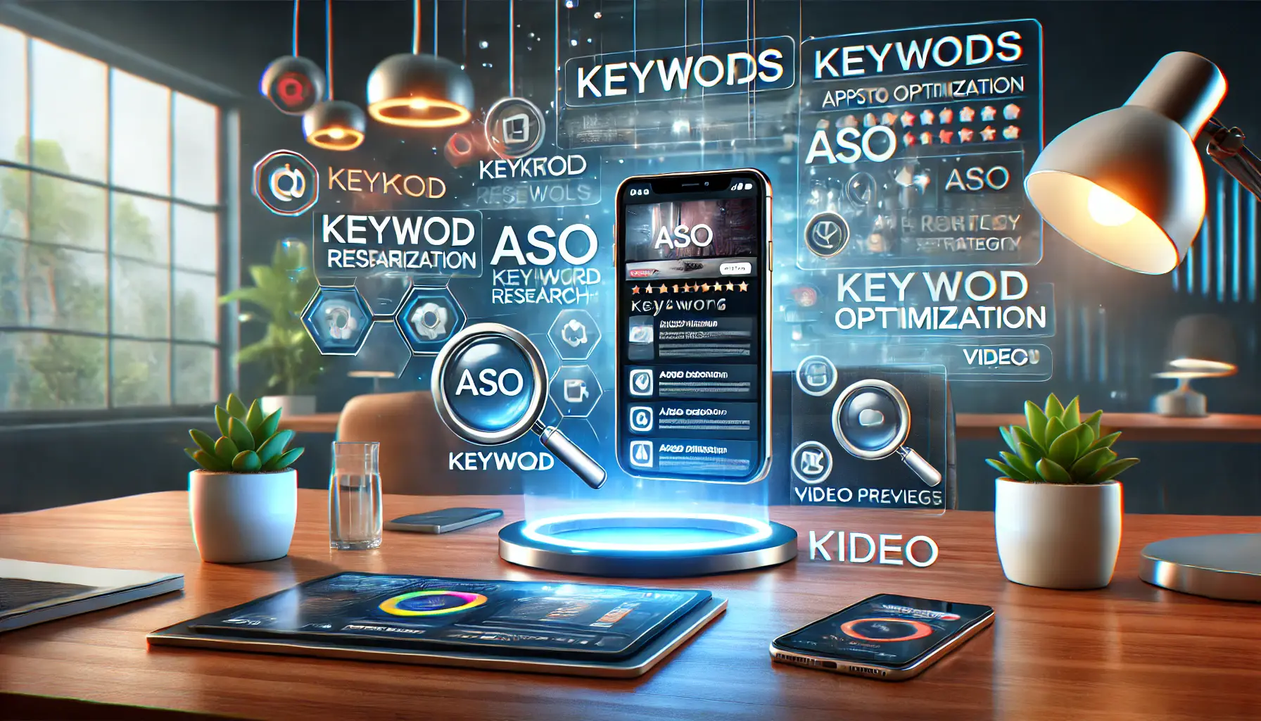 A digital illustration of a modern workspace with keyword research tools, search bars, ranking analytics, and floating keyword bubbles highlighting ASO strategy.